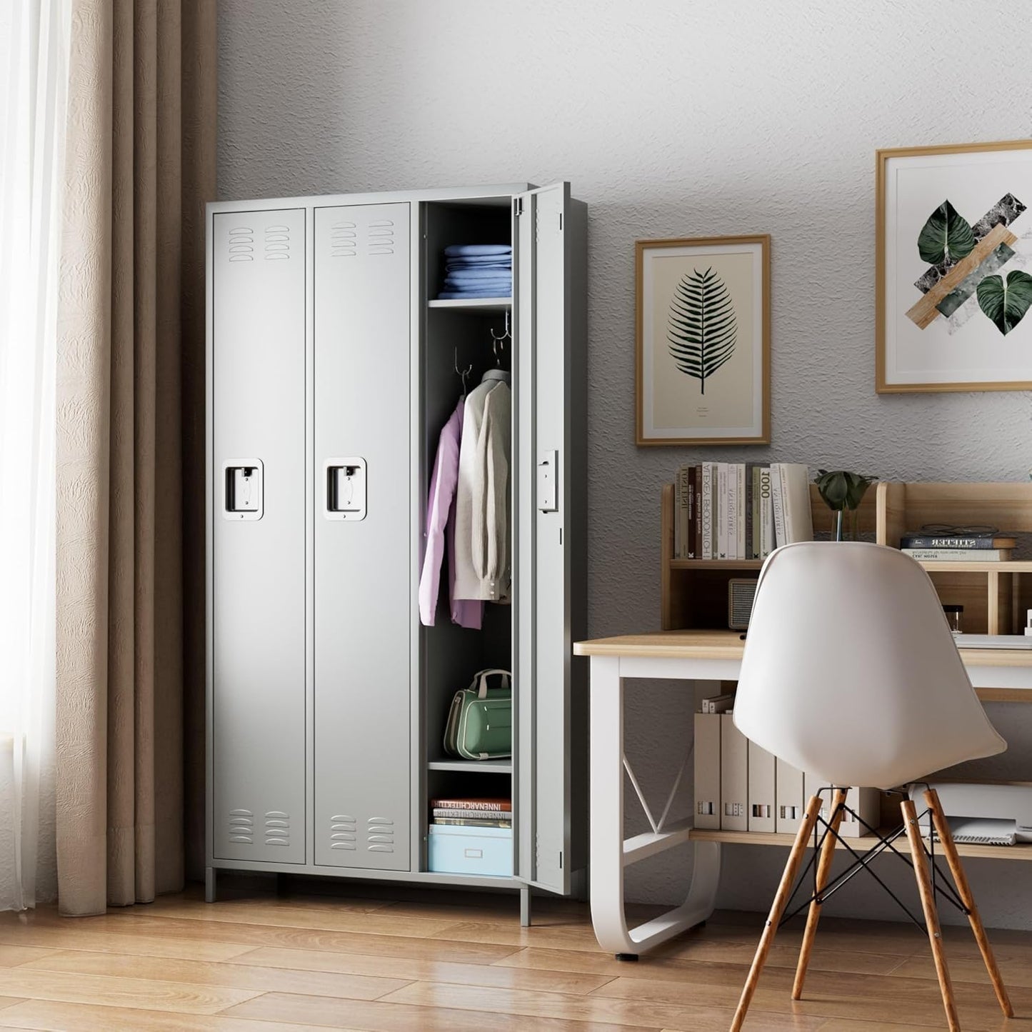 Metal Employee Lockers with 3 Doors,Metal Locker with 9 Hooks for Office Gym Garage Home,Assembly Required,Light Grey