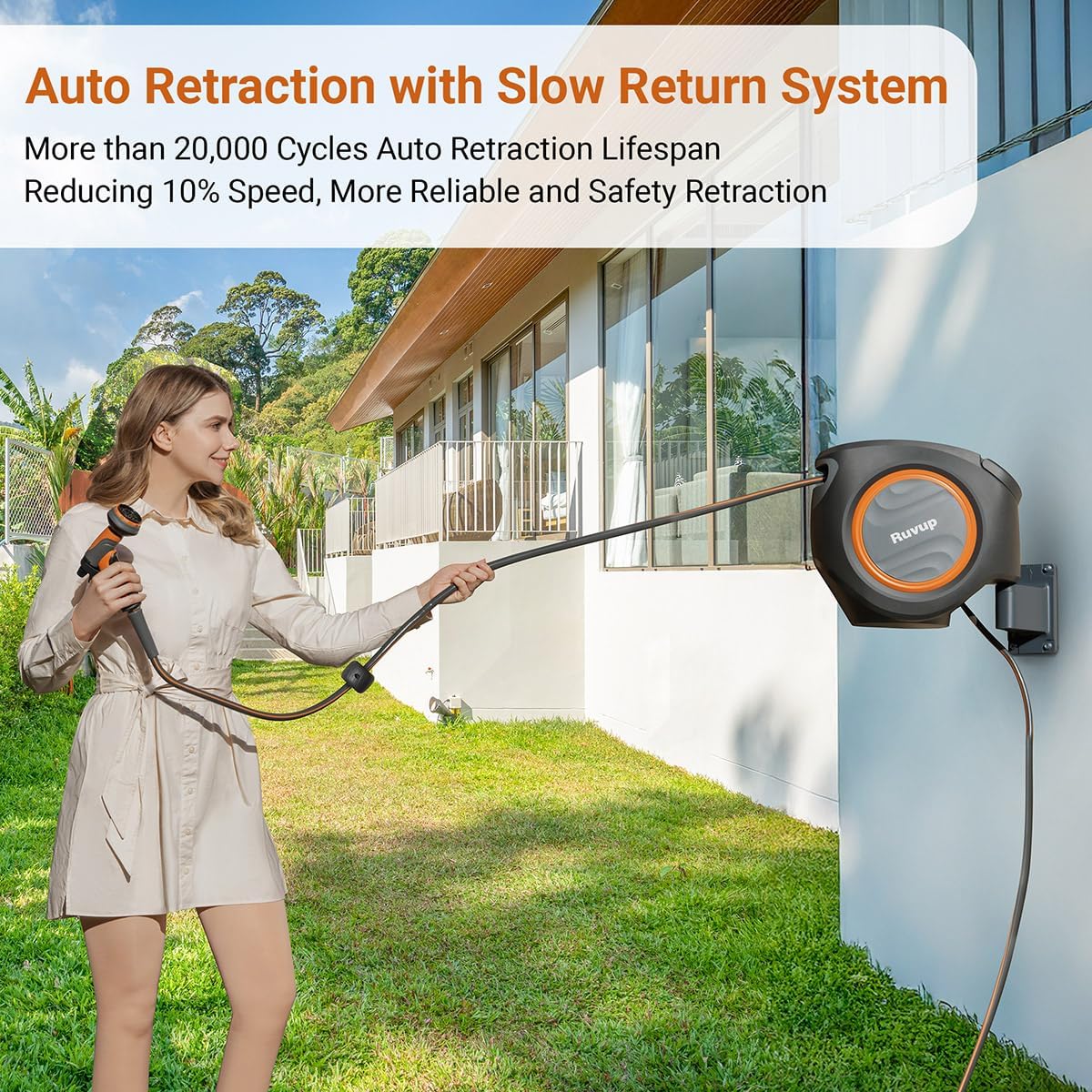 Ruvup Retractable Garden Hose Reel,1/2in x 150ft Water Hose Reel with Metal Bracket, UV Resistant Automatic Hose Reel Wall Mount for Outside, Slow Retraction Any Length Lock 10 Spray Nozzle