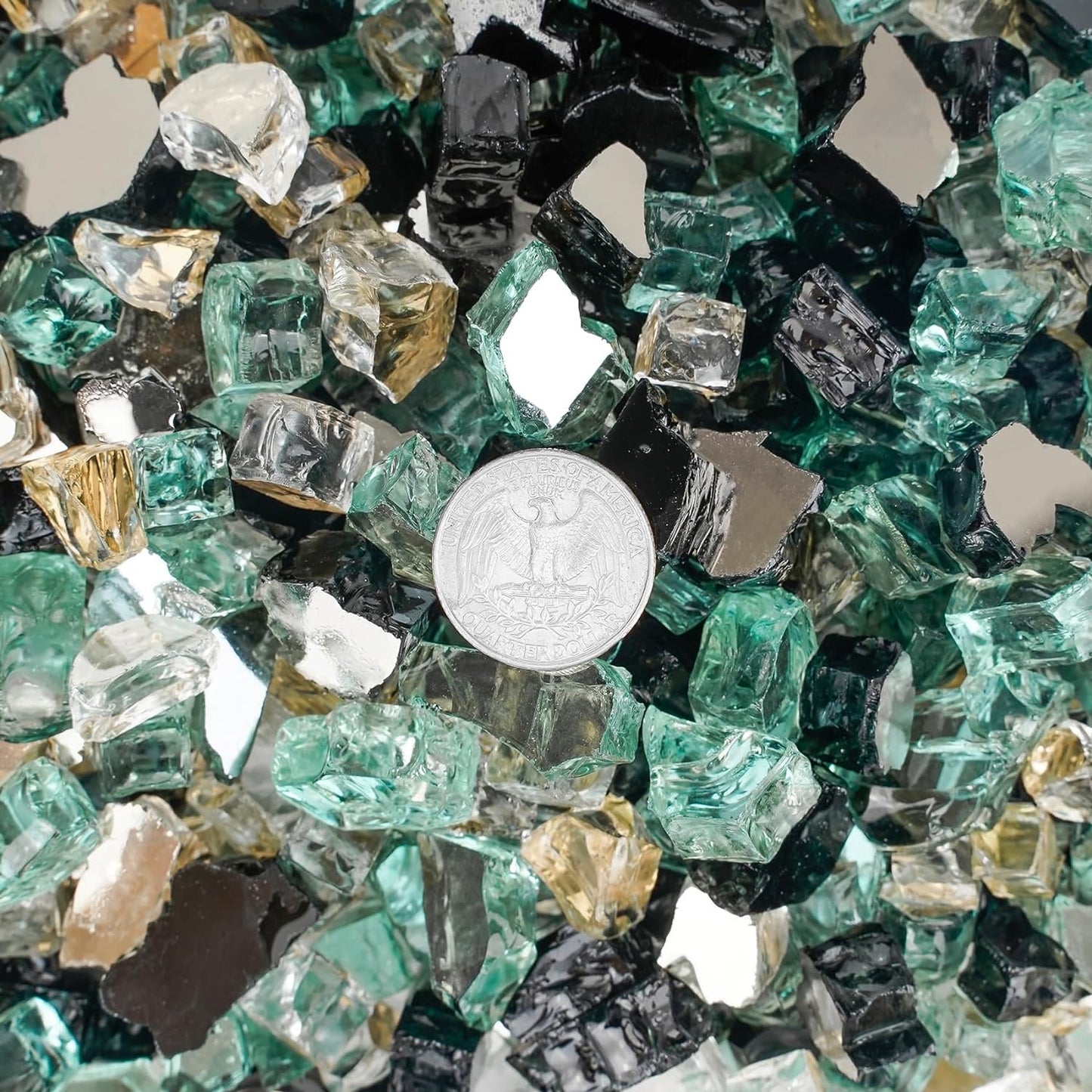 Mr. Fireglass 10 Pounds Blended Fire Glass - 1/4 Inch Mixed Colored High Luster Reflective Tempered Fireglass Rocks for Fireplace Fire Pit Table and Landscaping, Light Green+Onyx Black+Platinum