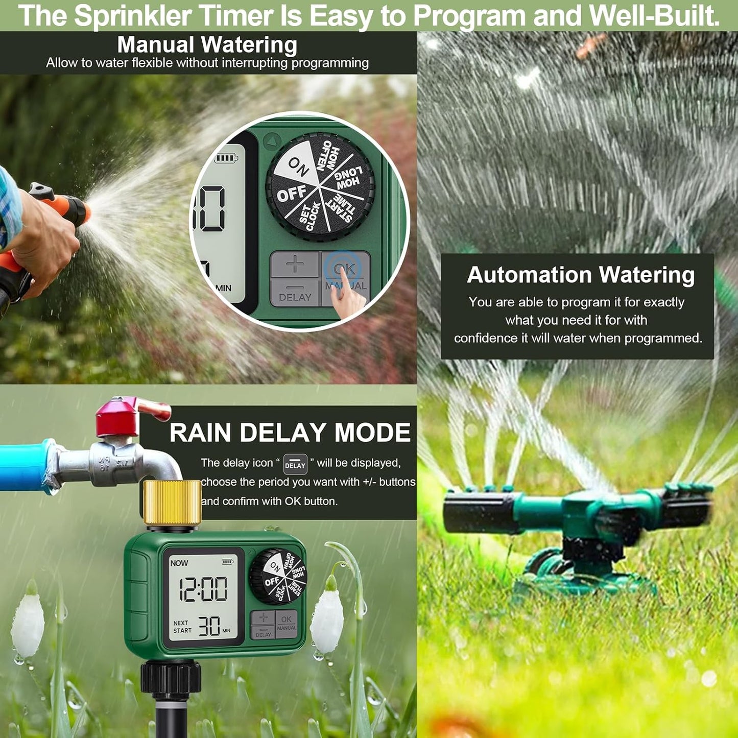 2 PCS Sprinkler Timers Brass, Programmable Water Timer with Rain Delay, Manual& Automatic Watering System for Garden Hose Faucet, Waterproof Irrigation Controller Watering Lawn Evenly& Efficiently