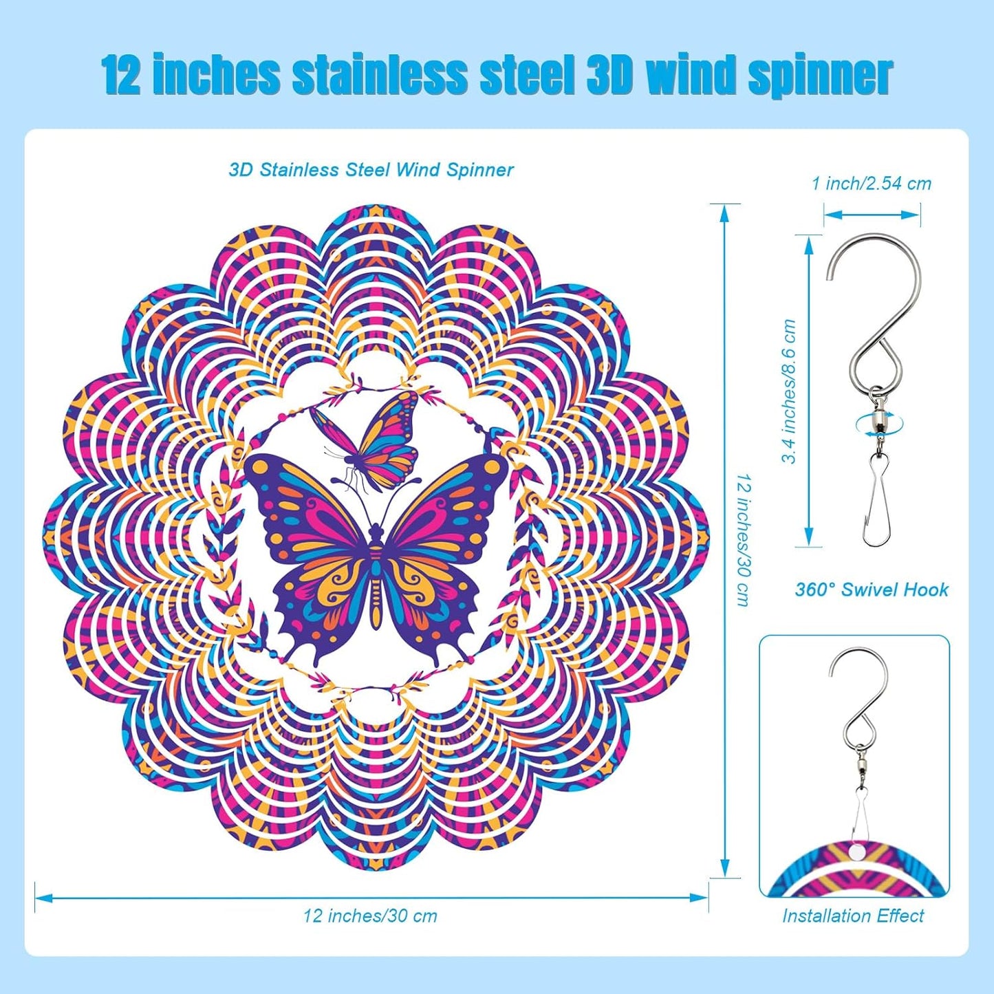 Wind Spinners Outdoor, Butterfly Metal 3D Hanging Garden Decor, 12-inch Stainless Steel Wind Spinner with Tail Spinner, Wind Sculptures for Patio Lawn Yard, Ornament Gift for Women/Men