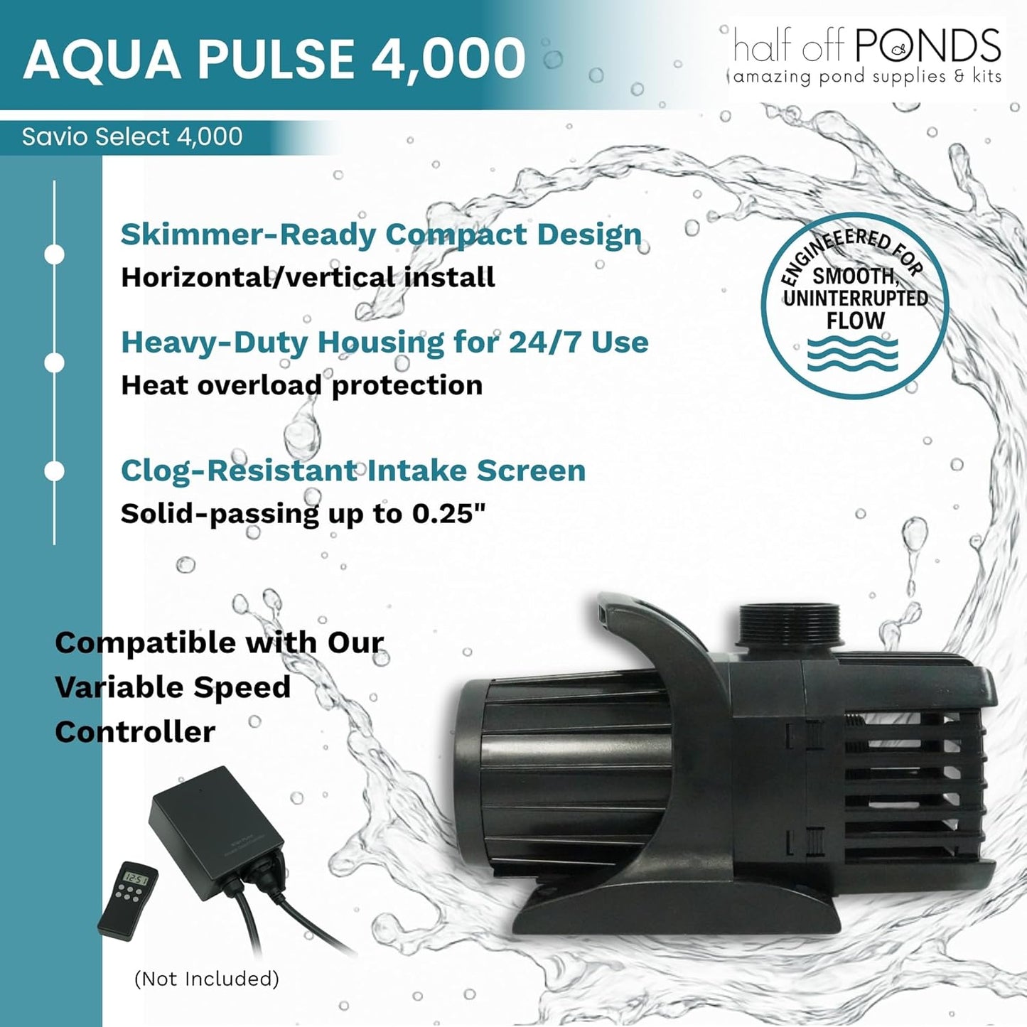 HALF OFF PONDS Savio Select 4,000 GPH Submersible Pump Pond Kit with 15' x 20' EPDM Rubber Pond Liner, UV Clarifier for Water Garden & Koi Pond