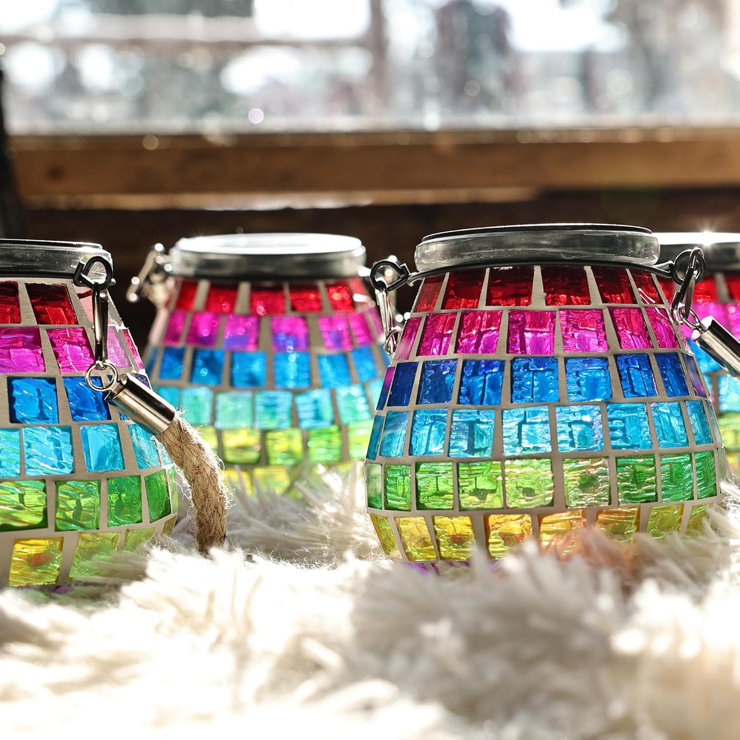 Cooo 4 Pack Mosaic Solar Lantern Outdoor Waterproof IP68 Hanging Projection Light Hidden Lid Pear-Shaped Lantern with Rope Handle Solar Powered Auto On for Patio Garden Fence Table - Neon Mosaic