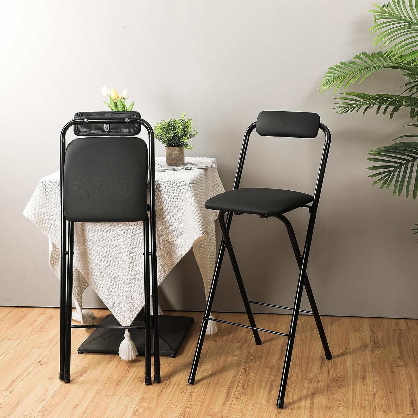 Thyle 1 Pcs Folding Bar Stool with Backrest, Tall Foldable Stool Chair Portable High Folding Bar Chair Counter Height Seat Leather Padded for Kitchen Island Shop Cafe Dining Room Black (24 Inch)