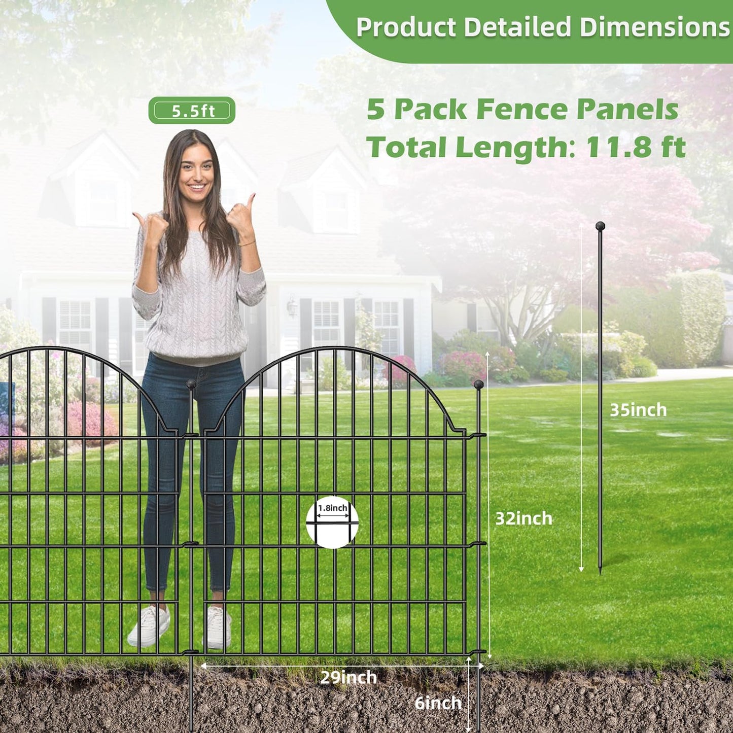 Decorative Metal Garden Fence 5 Panels, 32in (H) x 11.8ft (L) No Dig Dog Fence Outdoor for Yard, Temporary Rustproof Metal Wire Rabbit Dog Garden Border Fencing for Patio
