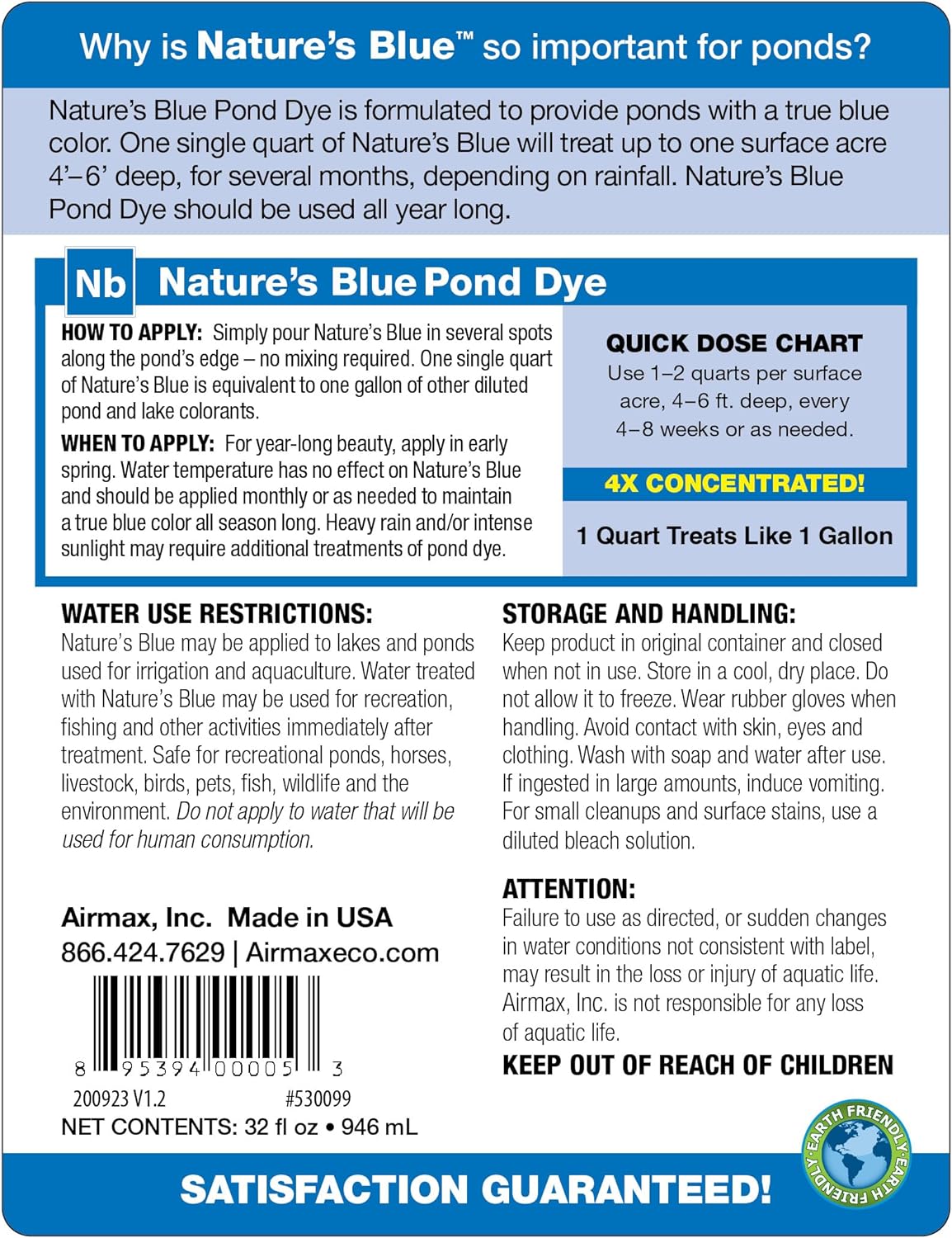 Airmax Nature's Blue Pond Dye 4X Concentrate for Outdoor Ponds & Lakes, Natural Pond Colorant & Beauty Enhancer, Block Ultraviolet Rays, Fish, Bird & Livestock Safe, Easy Liquid Application, 1 Quart