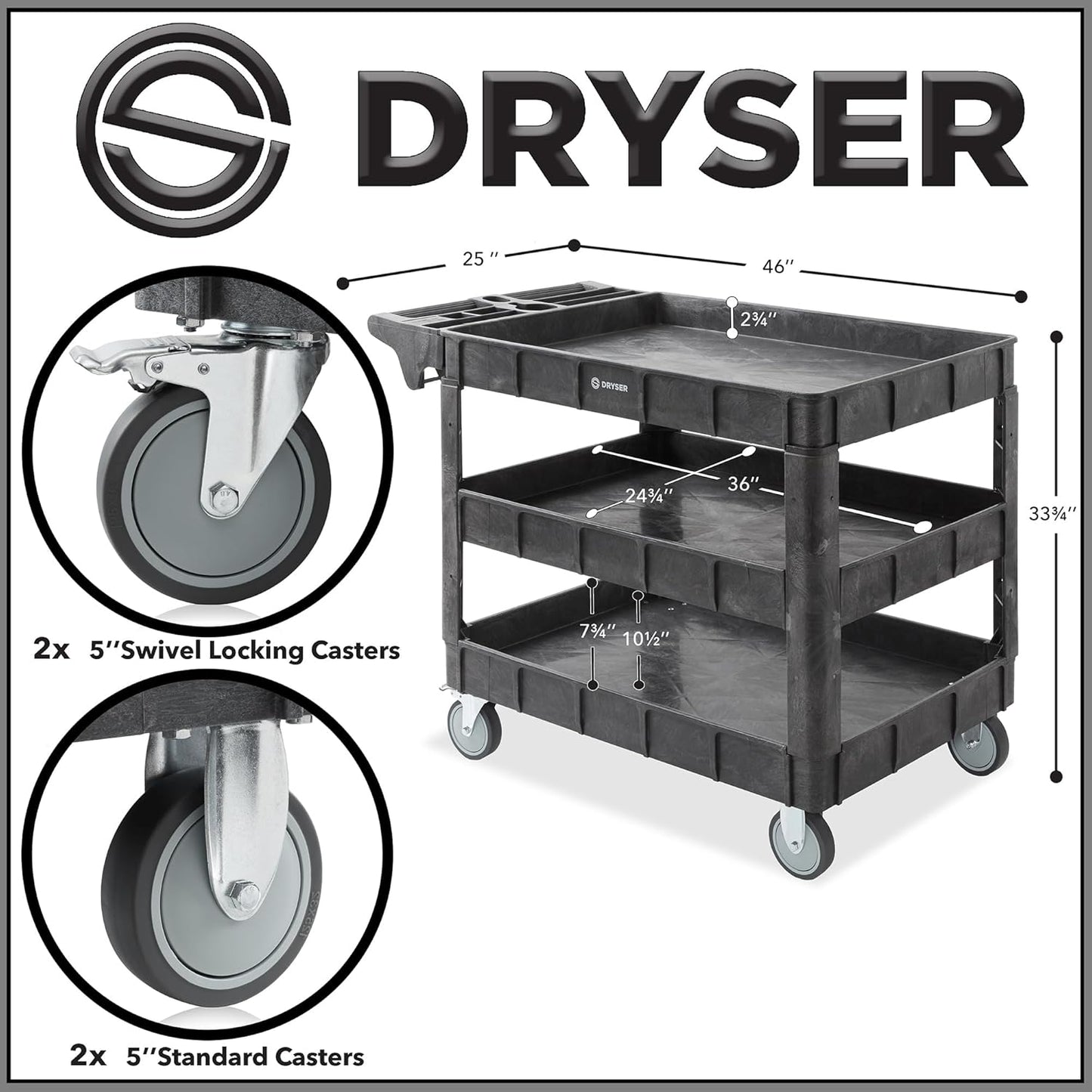 Dryser Utility Cart with Wheels, 46" x 25" Heavy Duty 550 lb. Capacity with Shelves - 3 Tier Rolling Cart with Two 5" Swivel Casters for Warehouse, Garage, Cleaning