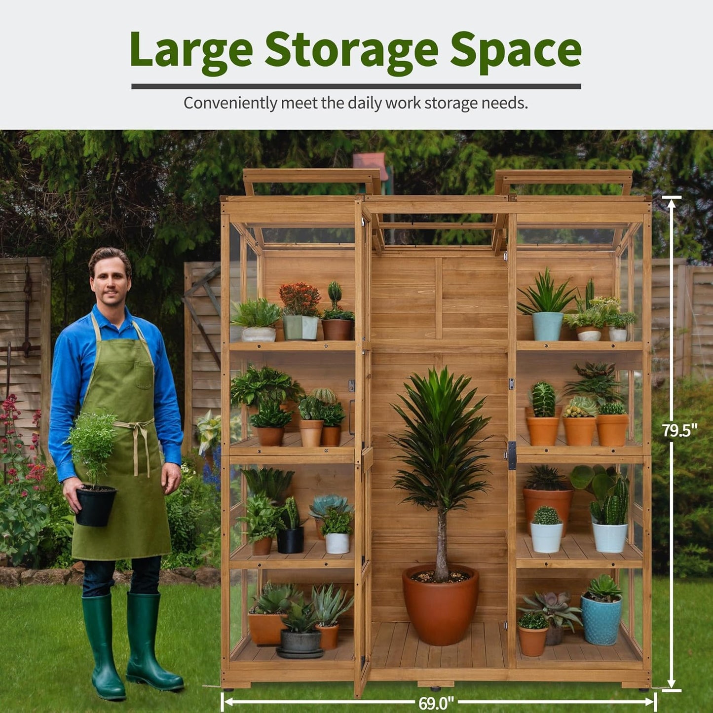 Macrout Wooden Walk-in Greenhouse with Acrylic Panels, Large Greenhouse Outdoor with Openable Roof Vents with Lockable Door, G976