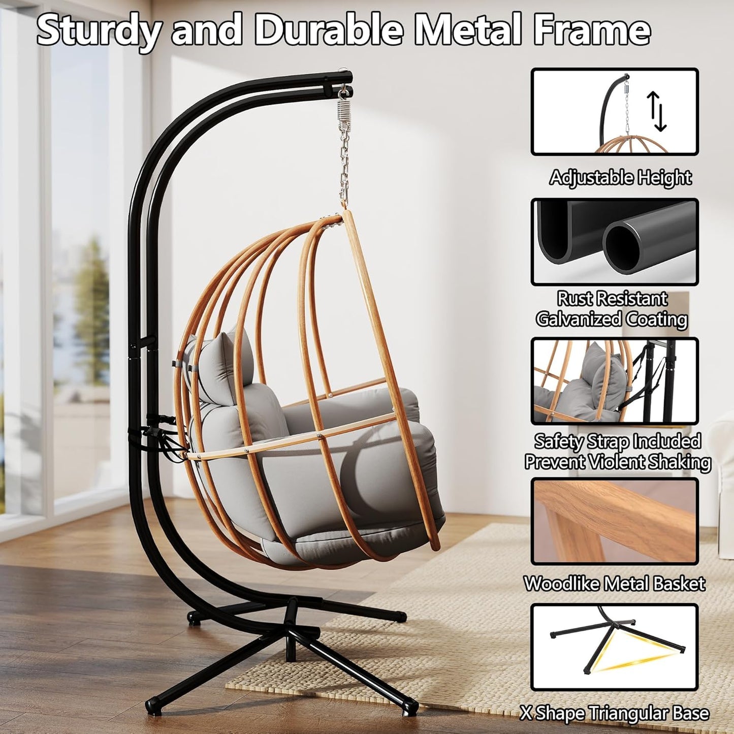 Double Egg Swing Chair Outdoor, 2 Person Egg Chair Outdoor with Cushions, Imitation Rattan Hanging Egg Chairs Basket, Hanging Chairs with Stand, Metal Nest Swing Egg Chair for Balcony, Grey