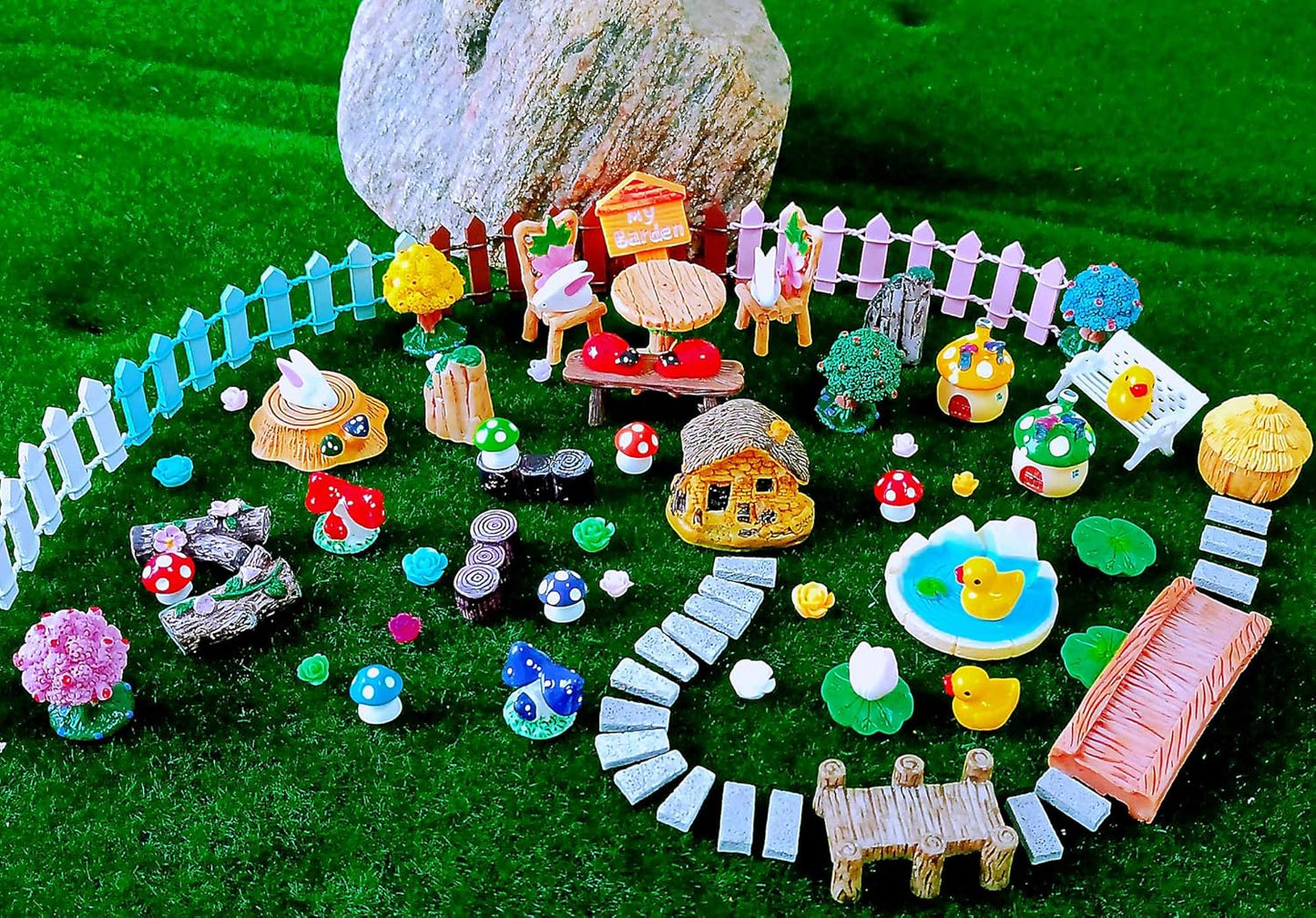 100 Pcs Miniature Fairy Garden Accessories Mini Landscape, Resin Micro Buildings Structures Tiny Animals Figurines