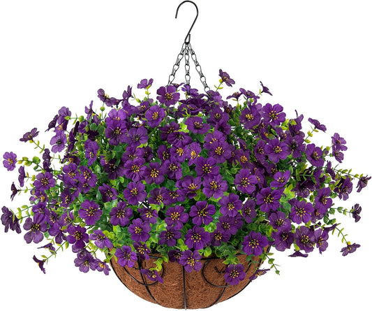 Artificial Fake Hanging Plants Flowers with Basket Outdoor Decor Faux Silk Dasiy Flower Arrangements in Pot Planter for Porch Home Indoor Patio Garden Yard Decoration