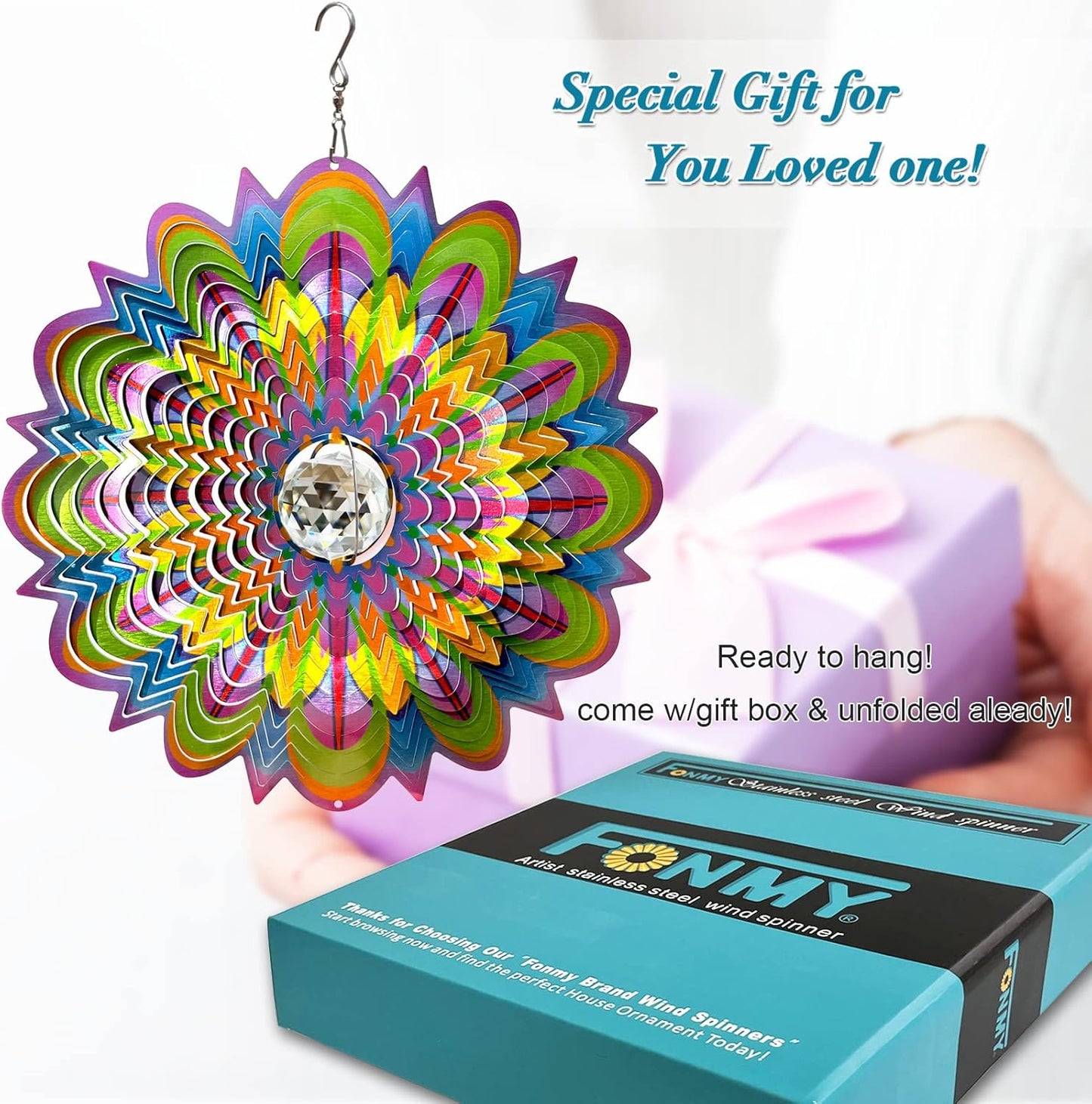 FONMY Mandala Wind Spinner w/Crystal Ball-Bloosom 3D Stainless Steel Suncatcher Hanging Spinners Worth Gift Christmas Decoration Indoor/Outdoor Garden Décor Kinetic Yard Art 12 Inches Wind Sculpture