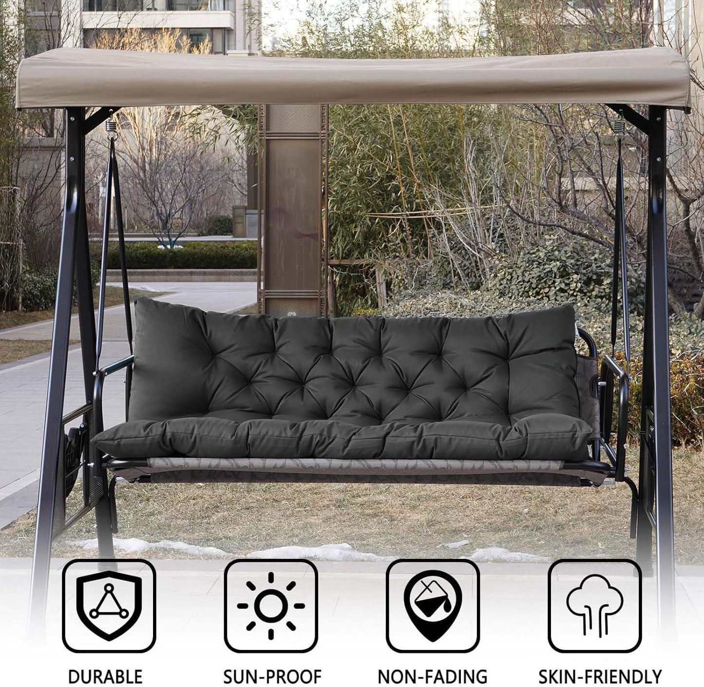Porch Swing Cushions,Outdoor Cushions 3 Seater Replacement with Backrest, Waterproof Thickened Bench Cushion with Ties for Porch, Patio,Outdoor, Backyard and Garden (Black 60 * 40 in)