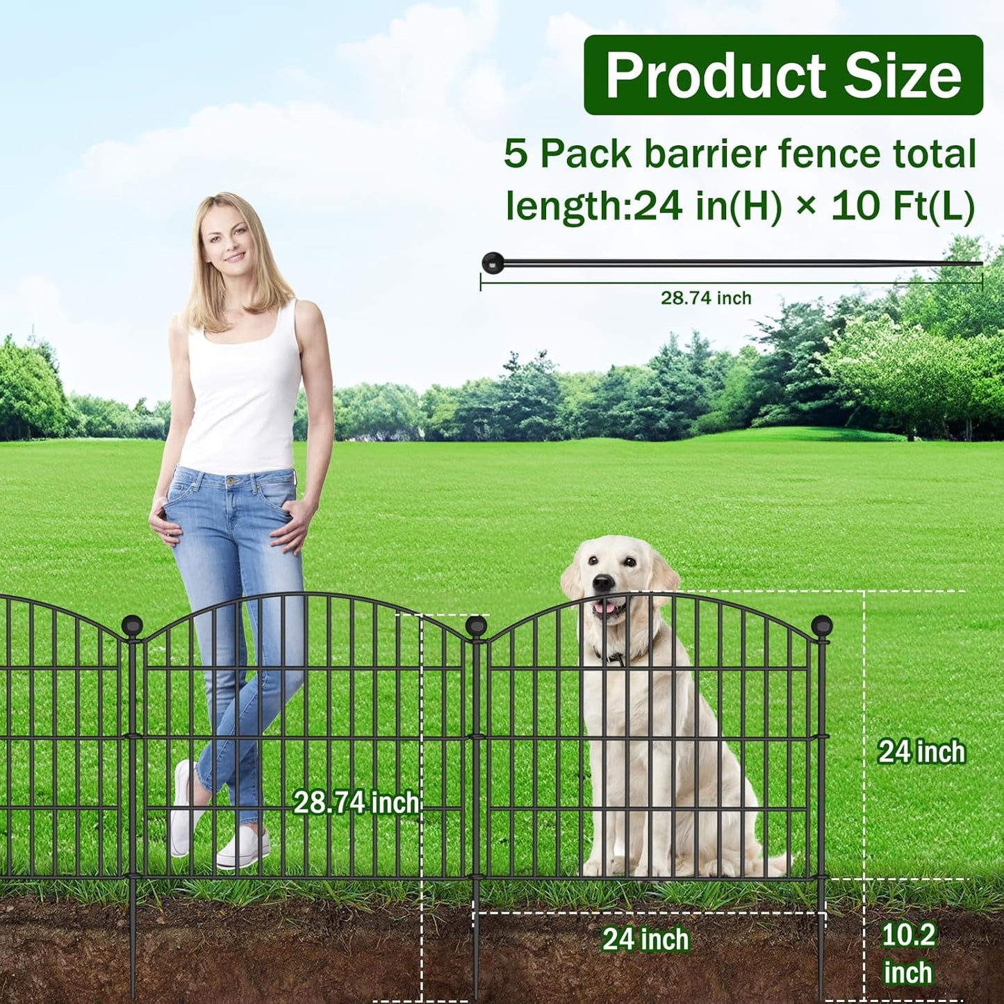 No Dig Decorative Garden Fence Animal Barrier - 5 Panels - 24 in (H) x 10 ft (L) - Dog Fence Outdoor for Yard, Rabbits and Small Pets - Tall Rustproof Metal Wire Fencing Border for Garden and Patio