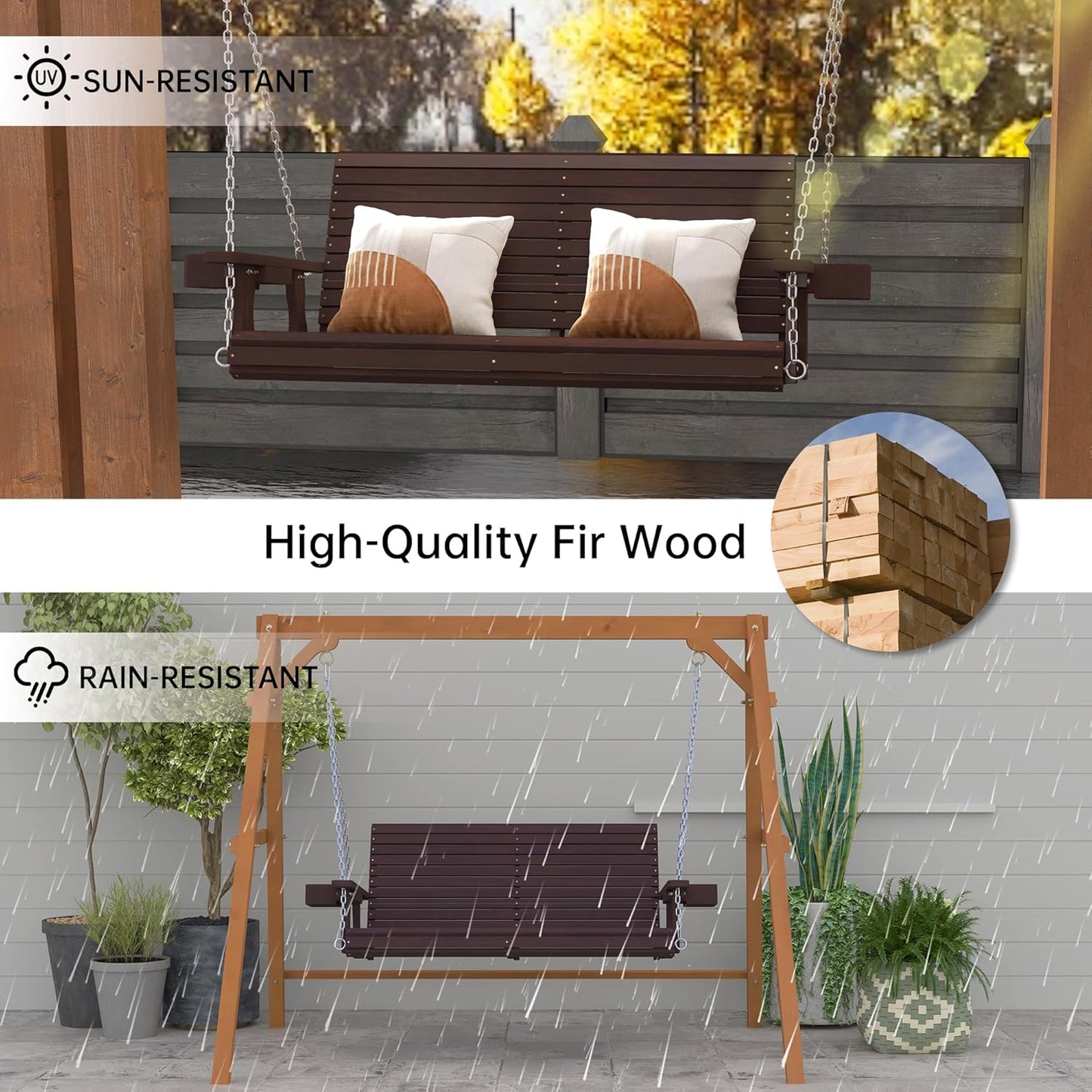 Wooden Outdoor Porch Swings, 2 Seater Front Porch Swing with Upgraded 22" Deep Seat, Heavy Duty 880 Lbs Swing Bench Chair for for Patio, Backyard, Garden (Brown, 4 FT)