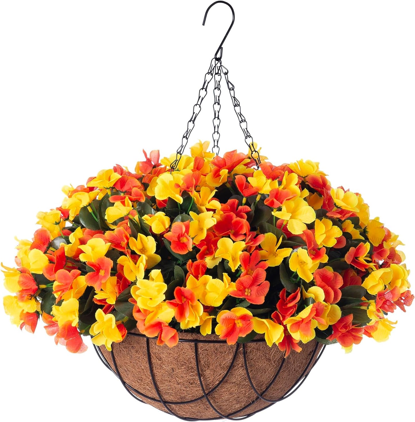 Fall Artificial Hanging Flowers with 12" Basket for Outdoor Decor, Fake Hydrangea UV Resistant Arrangements in Pot Planter Decor for Autumn Porch Garden Yard(OrangeYellow)