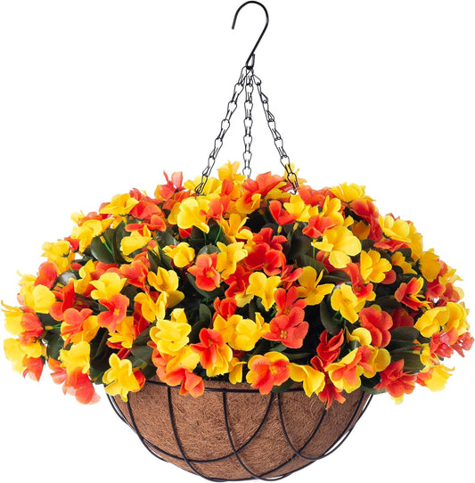 Fall Artificial Hanging Flowers with 12" Basket for Outdoor Decor, Fake Hydrangea UV Resistant Arrangements in Pot Planter Decor for Autumn Porch Garden Yard(OrangeYellow)
