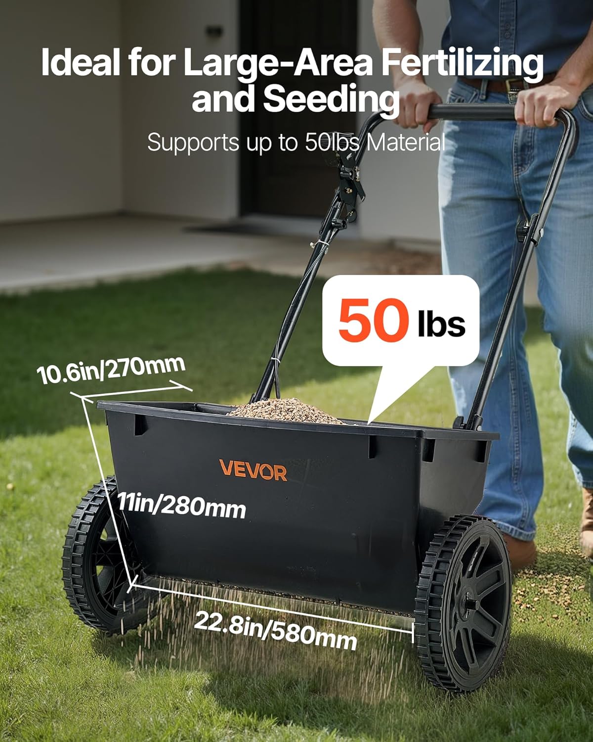 VEVOR Lawn Drop Spreader, 50LBS Capacity, Walk-Behind Push Spreader, 18 in Spreading Width, 8 in All Terrain Pneumatic Tires, Lawn Spreaders with Hopper Grate, for Seed, Fertilizer