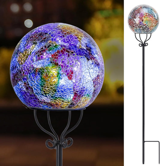 VCUTEKA Solar Outdoor Lights Garden Decor Mosaic Solar Garden Lights Waterproof Glass Ball LED Pathway Stake Light for Landscape Lawn Patio Yard Decoration 6 inch, Purple