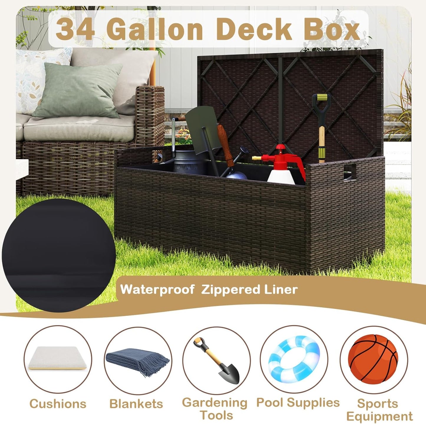 RELAX4LIFE 34-Gallon Outdoor Storage Box - Wicker Rattan Deck Box w/Seat Cushion, Waterproof Liner & Side Handles for Pillows, Patio Cushions, Pool Supplies, Garden Tools, Porch Outdoor Storage Bench