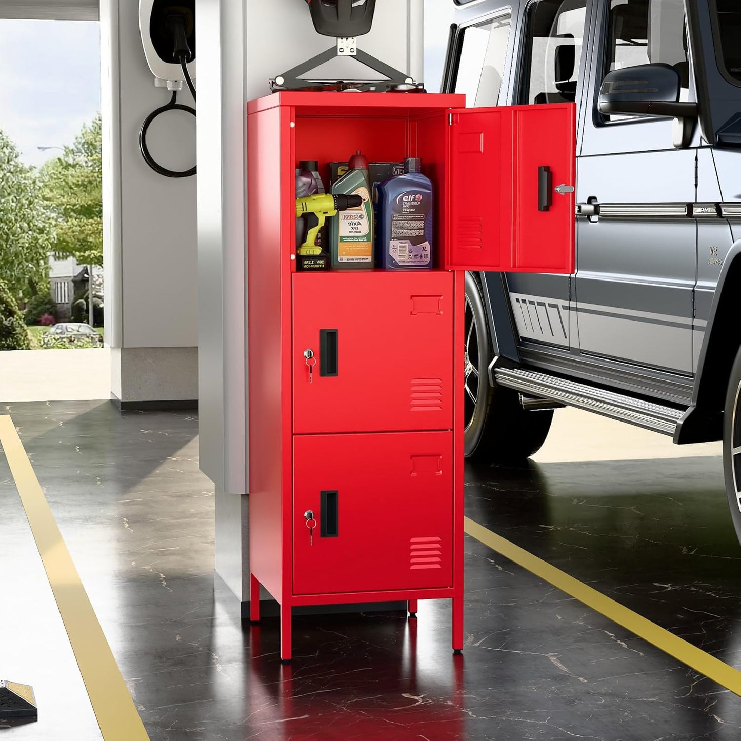 Metal Storage Locker with Ventilation Holes, Metal Storage Locker with Lock and Card Slot for School, Office, Home,47.3" H x 15.8" W x 15.8" D,Assembly Required,Red