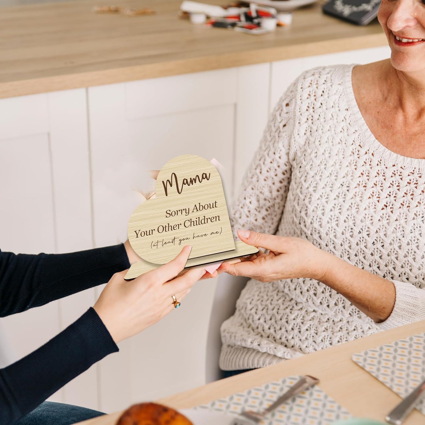 Funny Mom Gift – “Mama Sorry About Your Other Children” Heart-Shaped Wooden Plaque, Rustic Desk Decor, Mother’s Day or Birthday Present from Daughter or Son.(051)