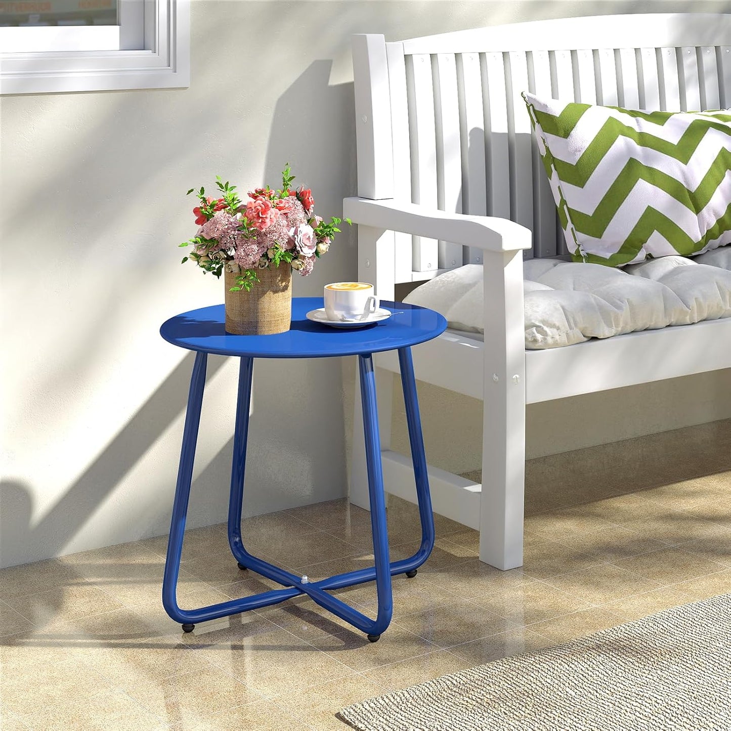 HollyHOME Round Metal Side Table, Rust-Resistant Patio Small Plant Stand, Outdoor 17.32'' Portable End Table for Balconies, Gardens, Living Rooms and Bedrooms, SkyBlue