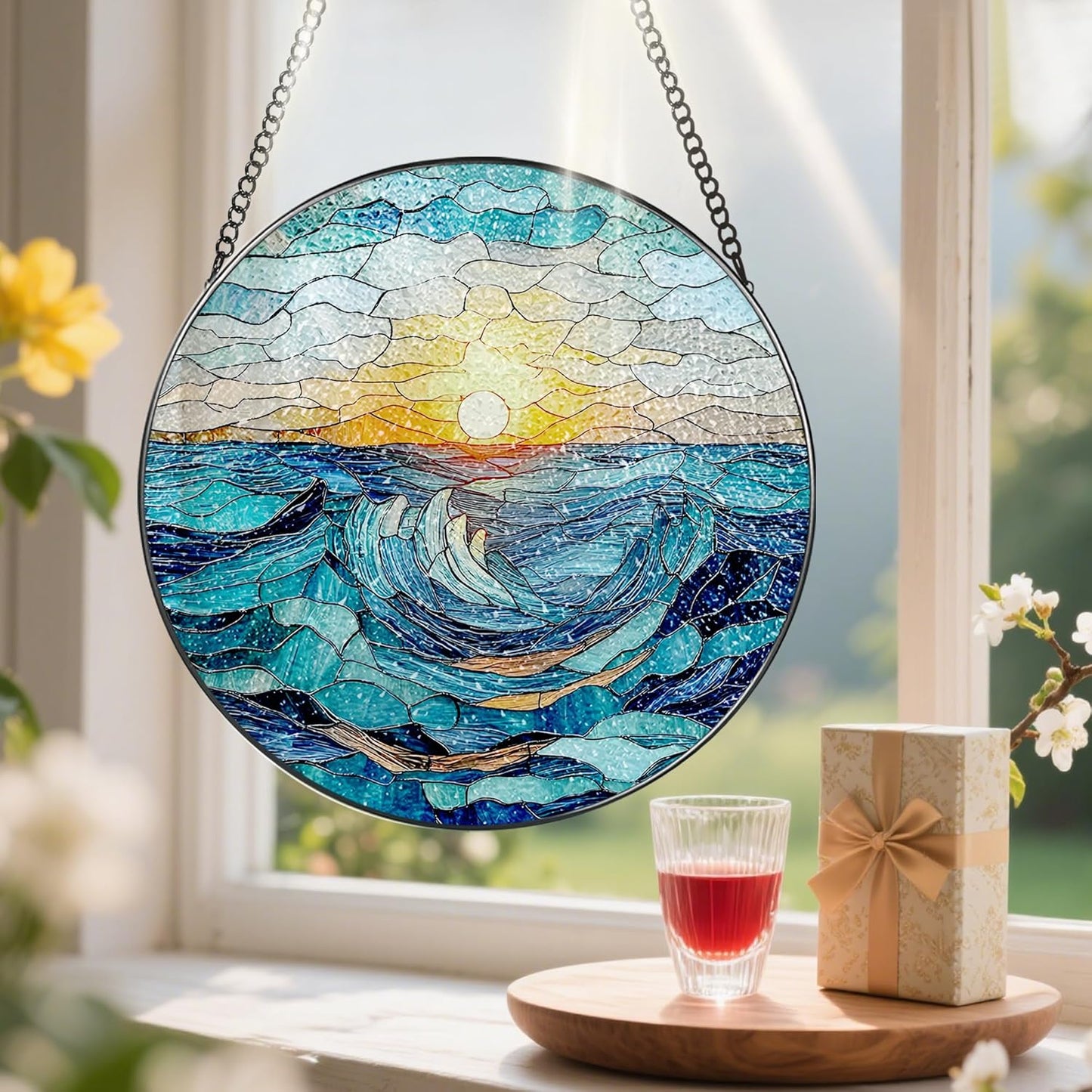 Stained Glass Window Hanging, Pauyadu 8 Inch Beach Stained Glass Suncatcher, Window Decoration Hanging, Sunrise Lover Gift, Natural Gift, Beach Home Decor, Gifts for Family, Friends, Colleagues