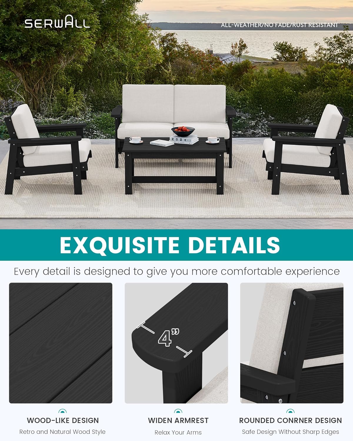 SERWALL HDPE Outdoor Furniture Set, 4 Piece Outdoor Sofa Set, Black Frame with Khaki Cushions