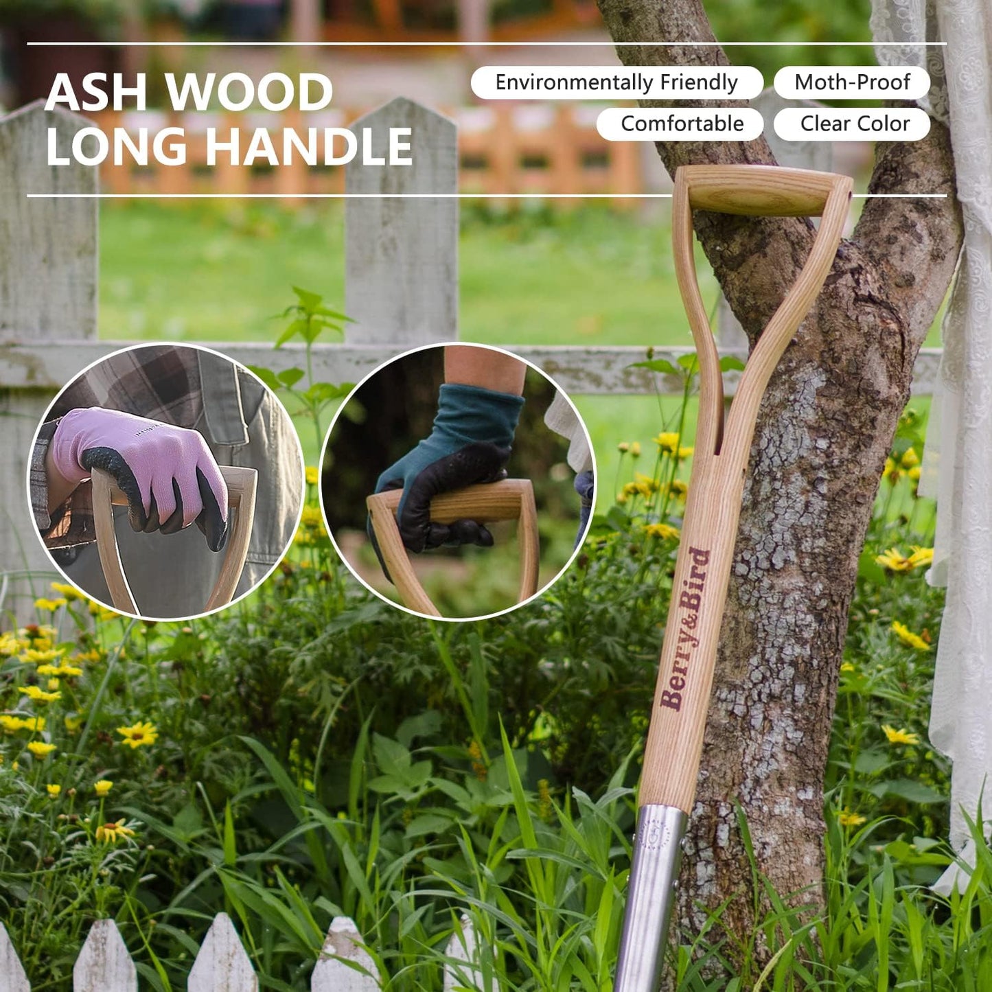 Berry&Bird Round Point Gardening Shovel with Wood D-Handle, 40.98" Stainless Steel Beach & Snow Shovel