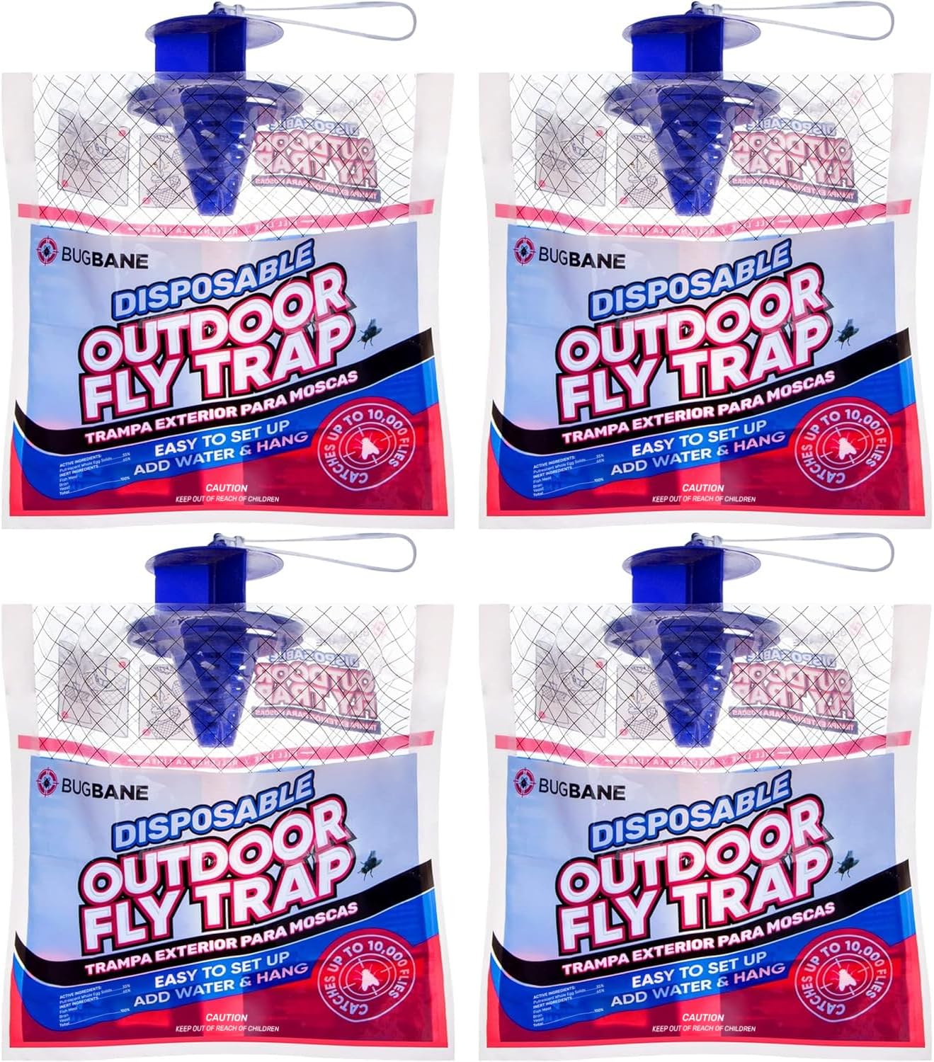 Fly Traps Outdoor Fly Trap for Patio. 4 Non-Toxic Pre-Baited Flies Bags Outdoor Disposable. Hanging Bug Catchers for All Filth Flies Killer for Outside Bug Control in Yard Horse Ranch Trash Can