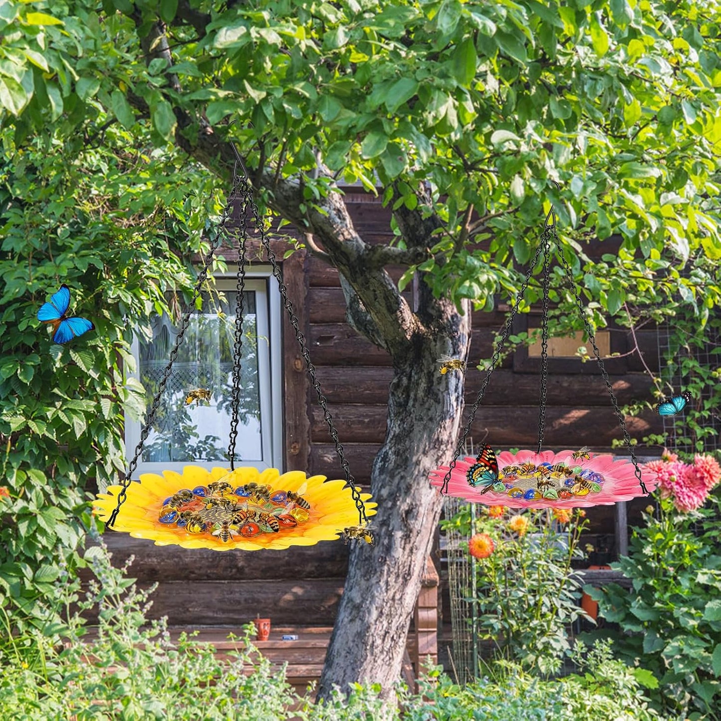 Bee Watering Station for Garden, Bee Bath Feeders for Outside with Vivid Flower Design, Hanging Butterfly Bath Bowl with Glass Balls for Outdoor Courtyard Decoration (2Pcs-Yellow)