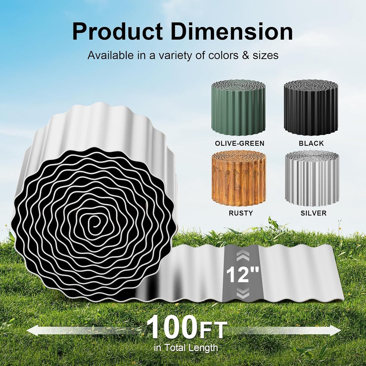 Land Guard Corrugated Garden Edging Border, 12" x 100' Landscape Paver Edging, Tall Landscape Edging, Fence for Garden, Flower Bed, Lawn and Landscape Edging (Silver)