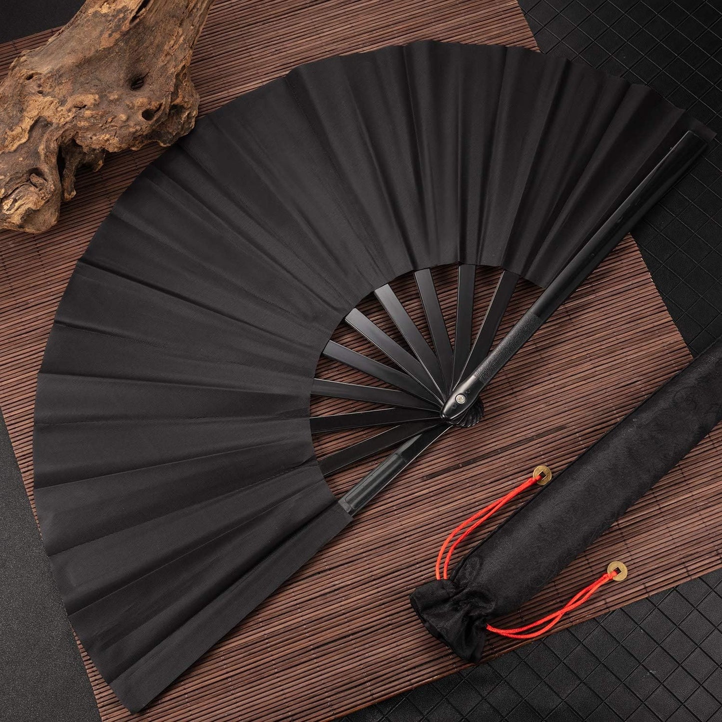 Maitys 2 Packs Large Clap Fans for Line Dancing Large Chinese Folding Hand Fans for Men and Women, Festival, Tai Ji, Kungfu, Martial Art, Gifts (Black)