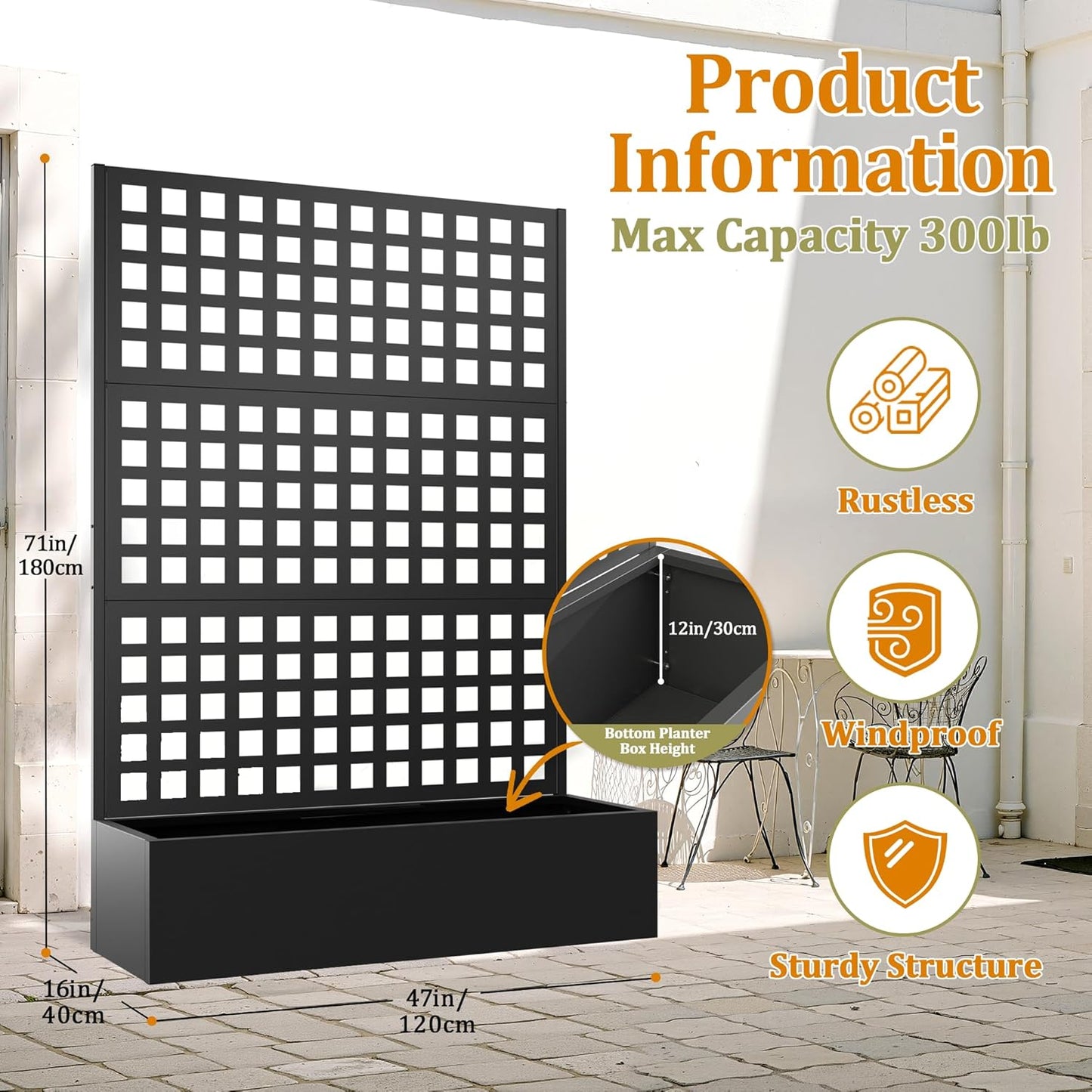 Metal Planter Box with Trellis, Heavy-Duty Raised Garden Bed for Climbing Plants, Drainage Hole, Outdoor Planter Box with Privacy Screen，47''L×16''W×71''H