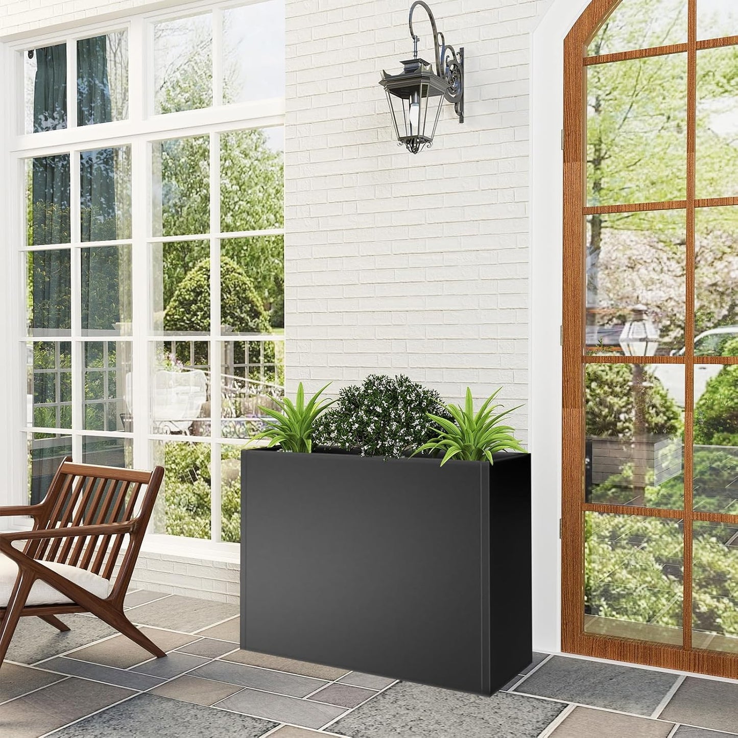 Tall Metal Planter Box for Outdoor Plants 36"L x 12"W x 26"H, Heavy Duty Steel Large Rectangular Planter Box with Removable Insert Shelf, Modern Décor for Tall Plants, Trees, Flowers (Black)