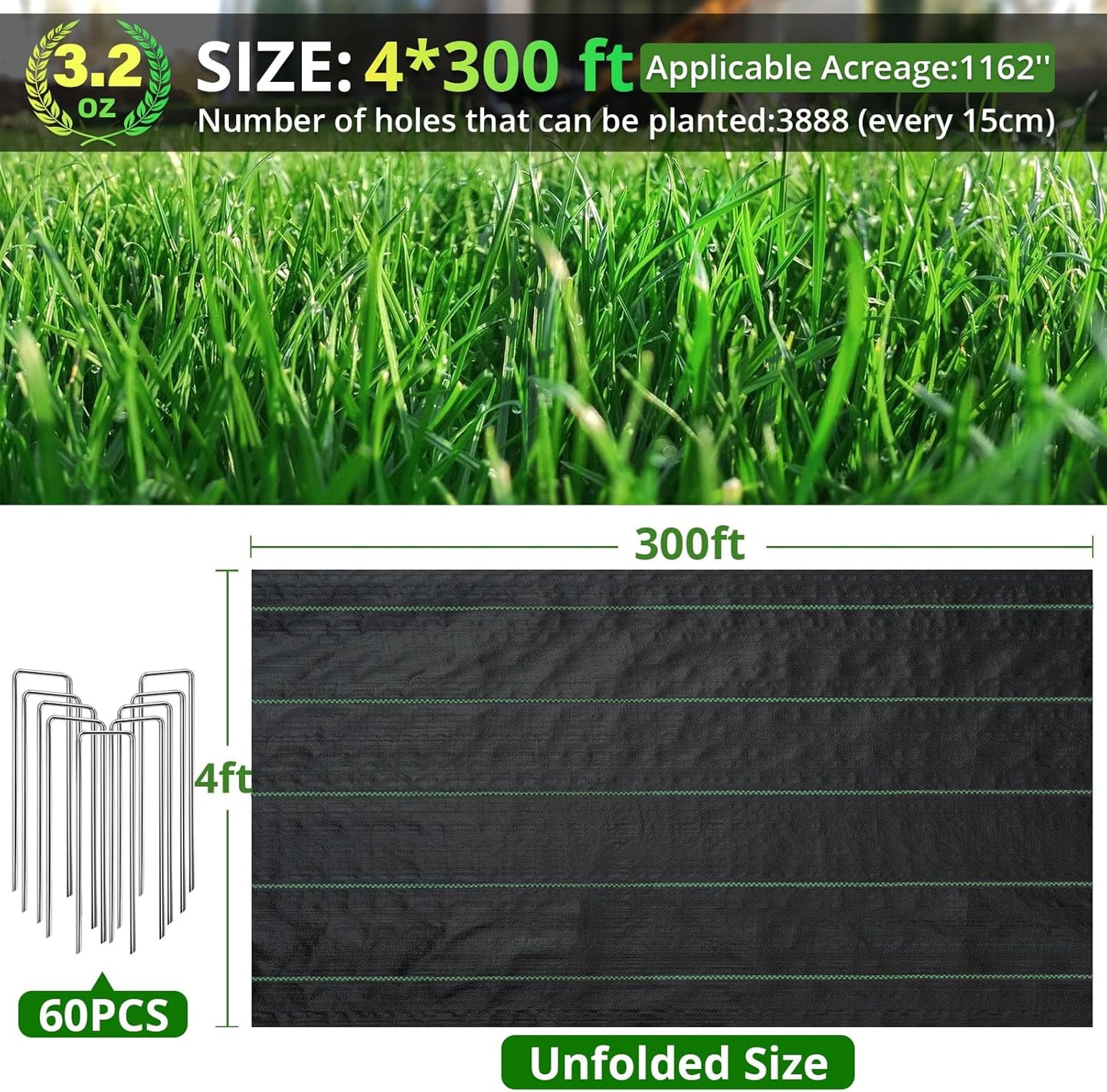 4ft×300ft Garden Weed Barrier Fabric, 3.2oz Premium Weed Blocker with 60 U-Shaped Securing Pegs, Weed Preventer for Gravel, Driveway, Gardening, Farming, Underlayment, Landscape