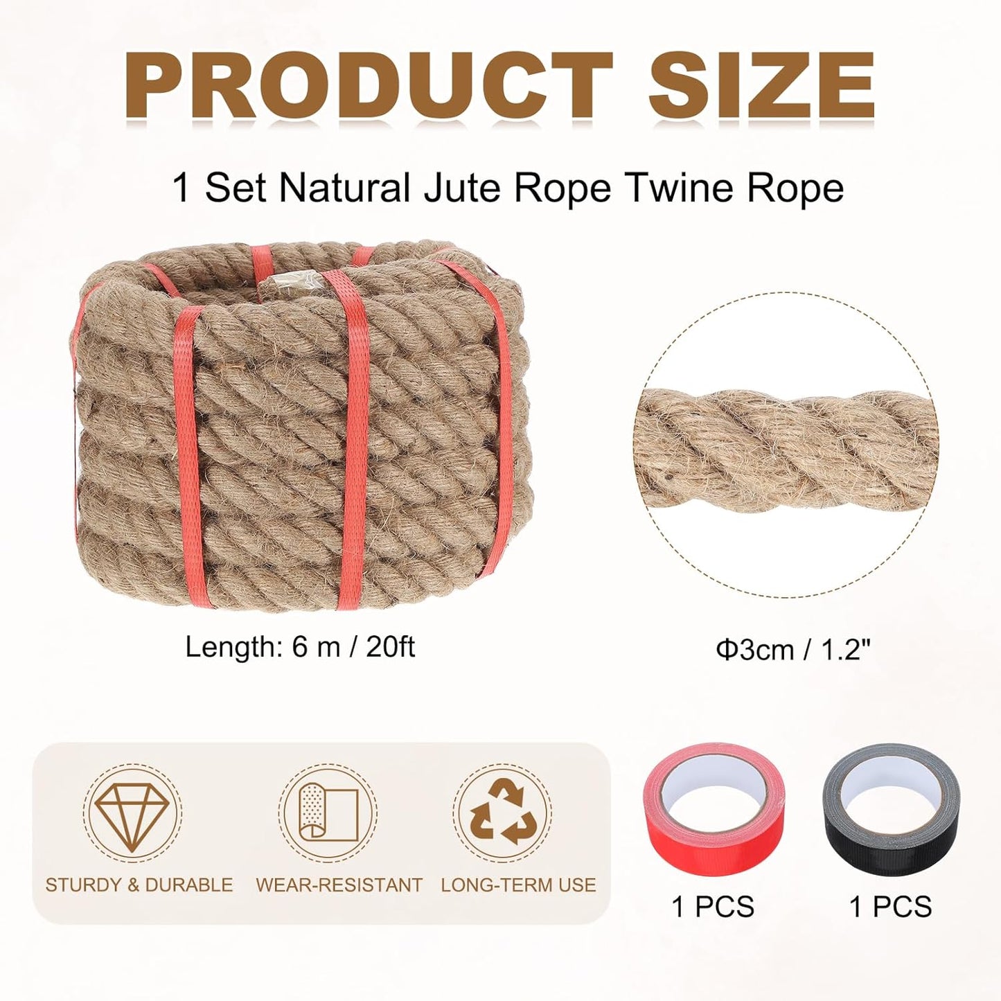 MECCANIXITY Jute Rope 1.2 Inch x 20ft, Thick Twine Rope Ropes Braided Jute Twine Natural Brown Burlap Cord String Heavy Twisted with Tapes for Decorative Crafts Railing Swing Tug of War