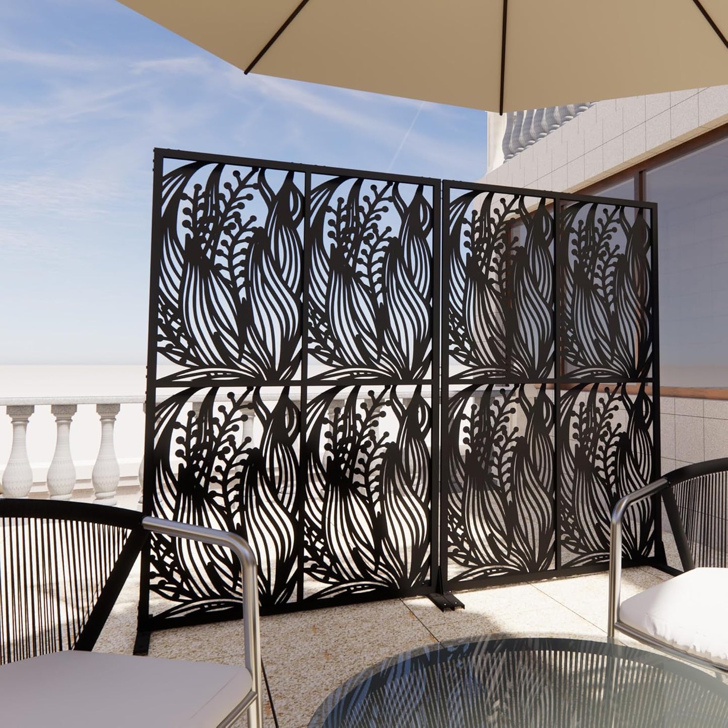 Metal Privacy Screens 72" H Outdoor and Indoor Leaf Pattern Room Divider Privacy Screens Panels for Living Room Balcony Patio Garden (Black