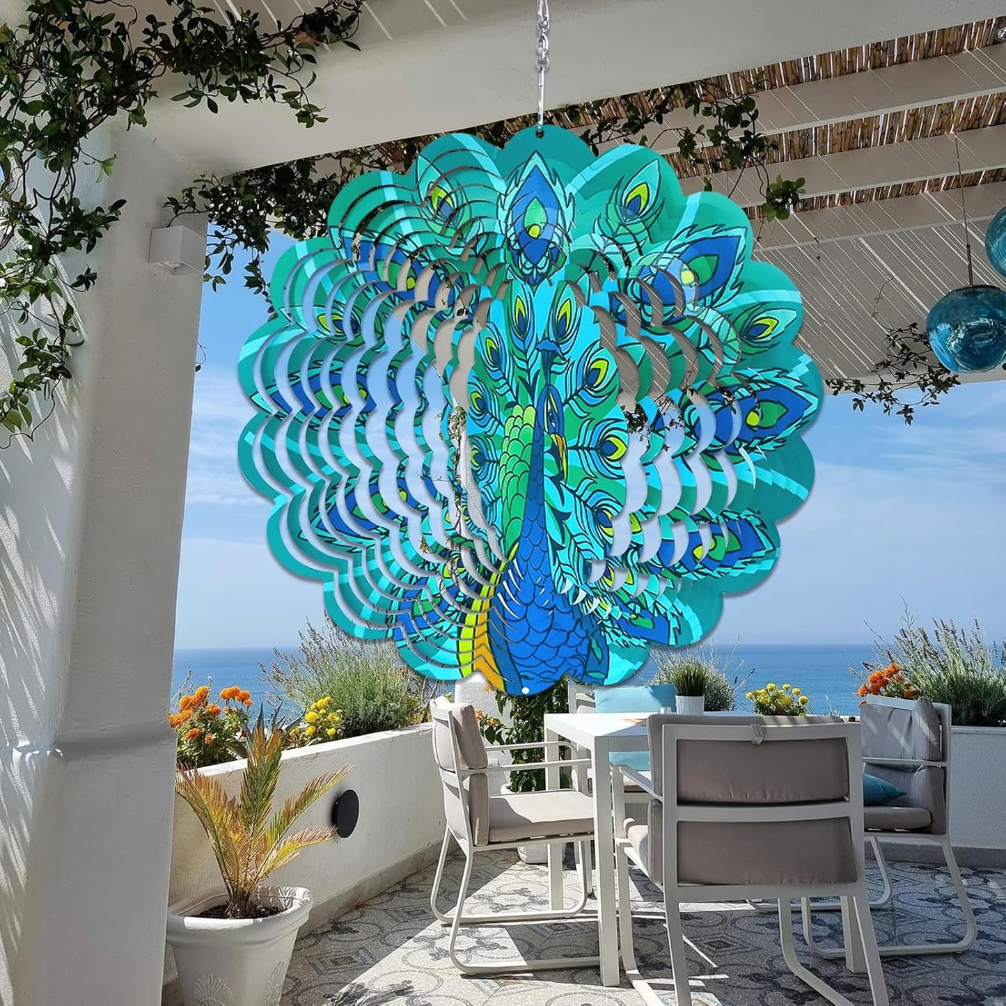 Wind Spinners Outdoor Peacock Art 12 inch 3D Stainless Steel Laser Cut Metal Art Geometric Pattern Wind Sculpture Hanging for Yard Garden Decorations Gifts Outdoor