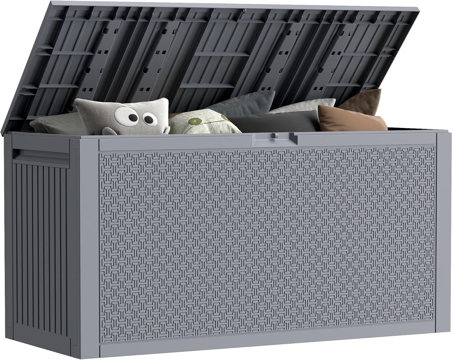 90 Gallon Outdoor Storage Box, Lockable Package Outside Storage Box Waterproof, Patio Cushions Deck Storage Boxes, Rattan Plastic Garden Hose Containers Resin Pool Storage Bins with lids, Grey