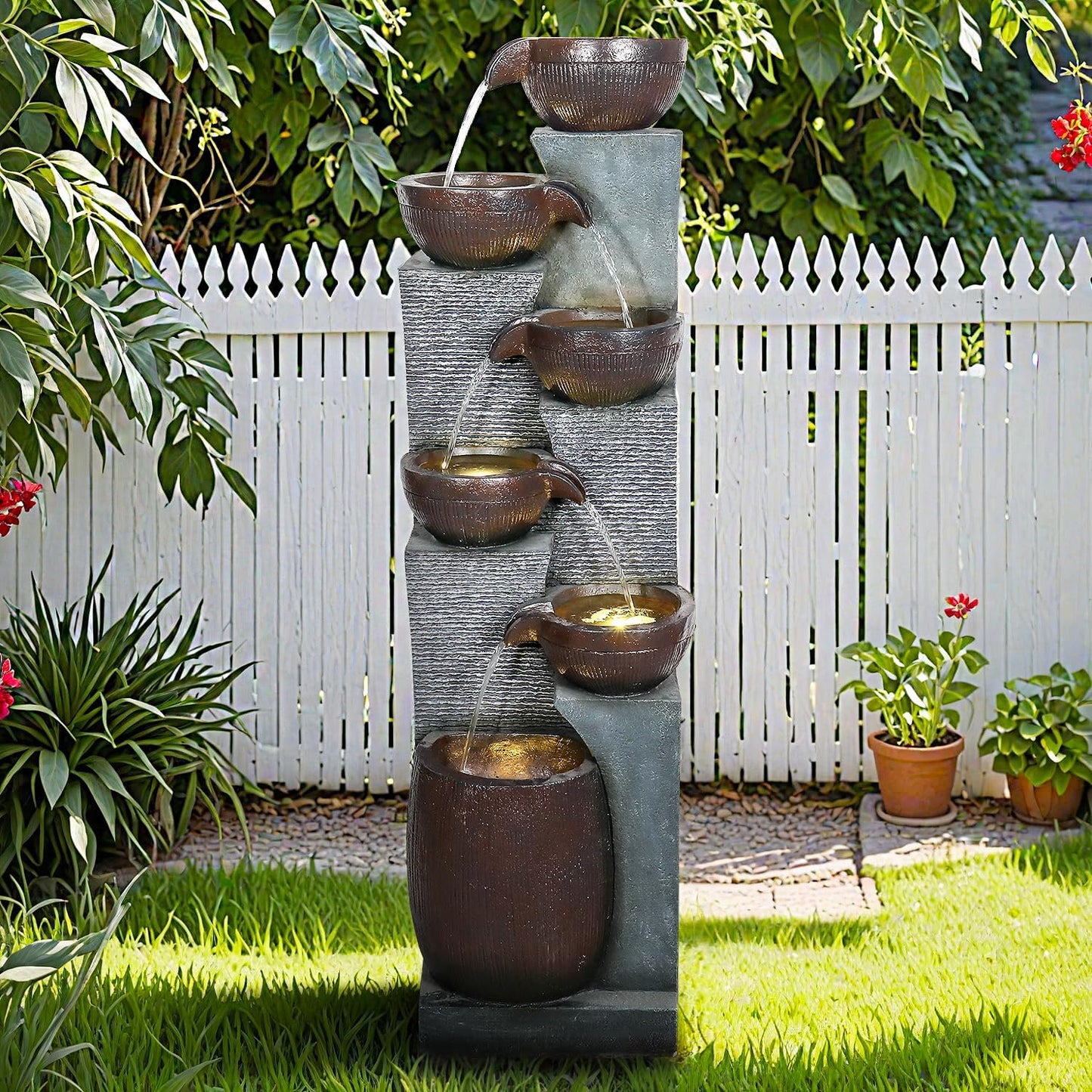 53.5in High Outdoor Indoor Water Fountain, 6-Tiered Poly-Resin Waterfall Fountain with LED Lights, Decorative Floor Standing Fountain for Garden, Patio, Yard, Home Decor