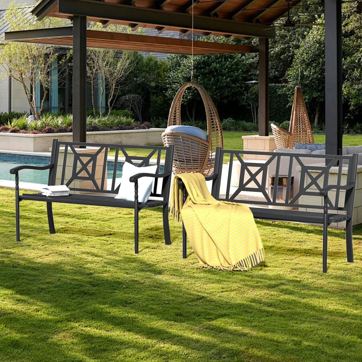 YLGJ&TIDY 50" Outdoor Bench, Metal Garden Bench, Patio Park Bench with Backrest & Armrests, Rust-Resistant, Perfect for Gardens, Parks, Porch, Lawn and Yard (BENCH05 2PK)