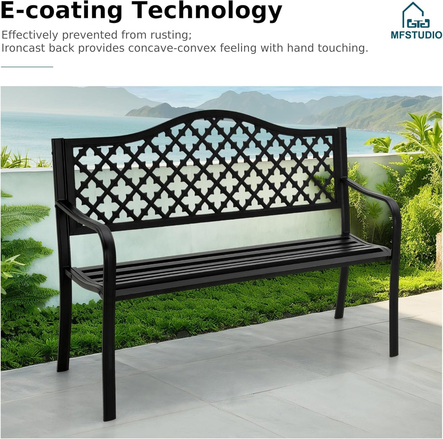 MFSTUDIO 50" Black Outdoor Metal Garden Bench, Cast Iron Frame Patio Furniture with E-Coating, Perfect for Porch and Yard