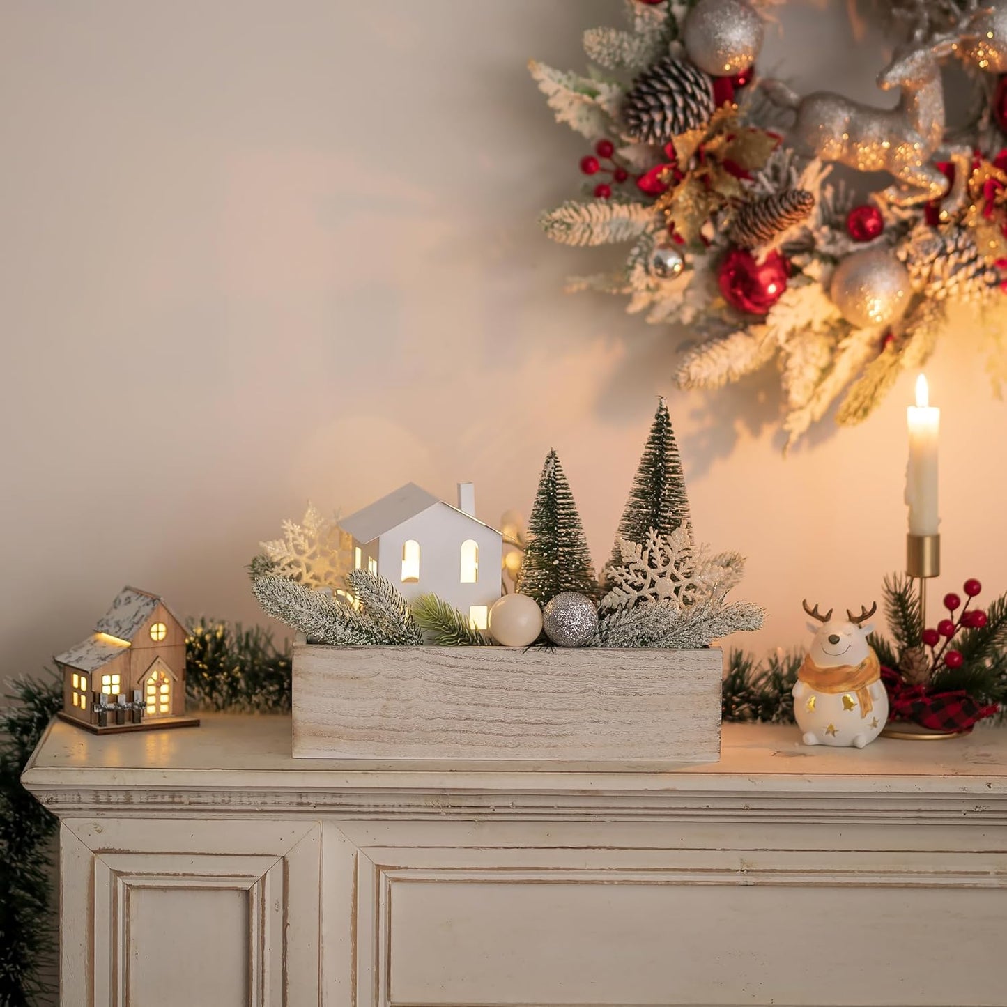 NUPTIO Wooden Box Centerpiece for Table: 2 Pcs 11.8" Long Wood Rectangle Planter Boxes - Farmhouse Washed White Planters for Fall Wedding Dining Living Room Window Mantel Table Decor