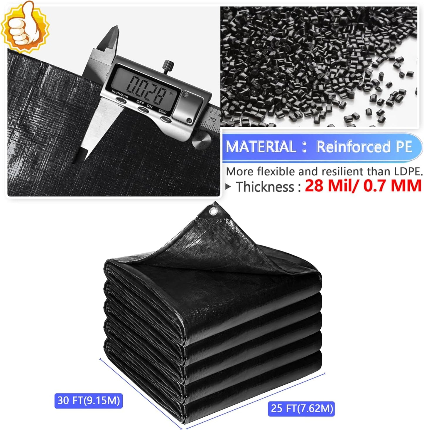 Reinforced PE Pond Liner 25 x 30 FT, 28 Mil Sun Resistant Preformed Pond Liner, Hemmed Edge with Buttonholes Liner for Outdoor Large Ponds, Fish/KOI/Duck Pond, Garden Waterfall, Waterscape, Black