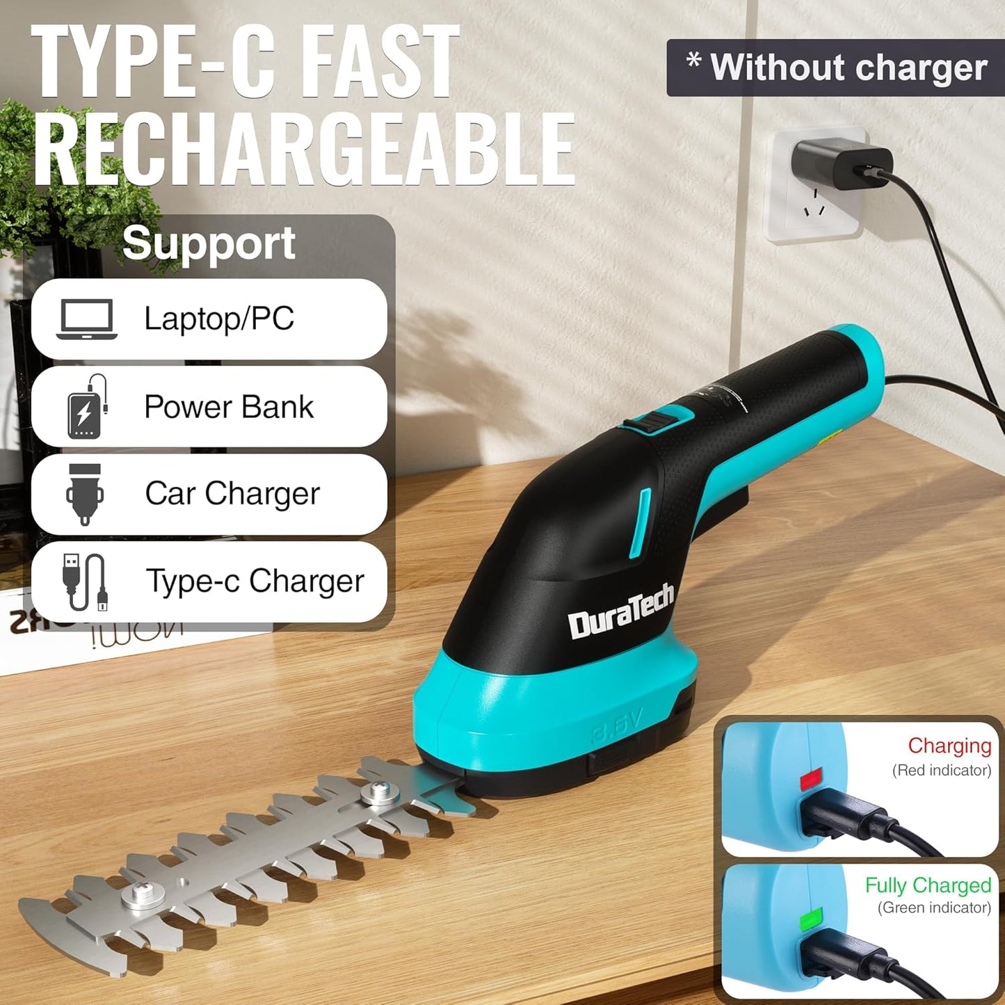 DURATECH Cordless Hedge Trimmer, 3.6V 2-in-1 Handheld Rechargeable Grass Trimmer & Hedge Shears with USB Type-C Cable, Built-in Li-ion Battery, Electric Shrub & Grass Shears for Garden, Yard and Lawn