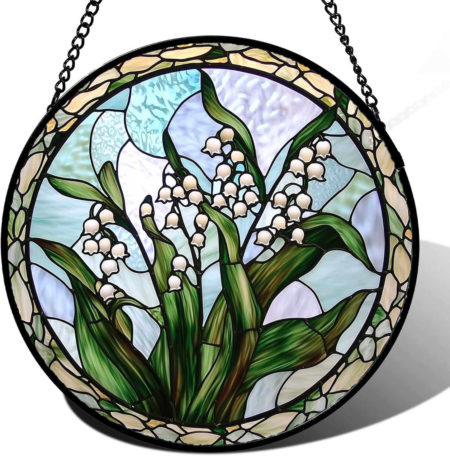 Stained Glass Window Hanging, White Green Lily of The Walley Flowers Sun Catcher for Door Home Decor Plants Suncatcher Christmas Mother's Day Birthday Gifts for Women Men Mom Nana 7.8 in