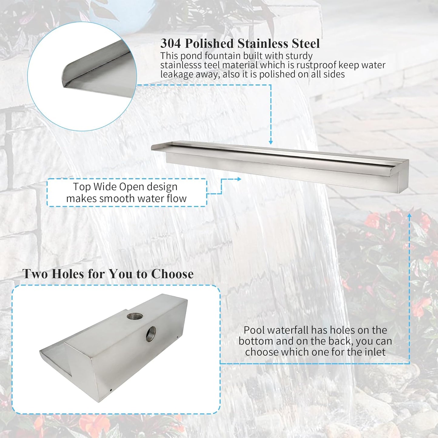 24 Inch Pool Fountain 304 Stainless Steel Waterfall Spillway with Pipe Connector Kits, Wider Water Flow Sheer Descent Platform Water Feature Fountain for Swimming Pool, Outdoor Garden Decor