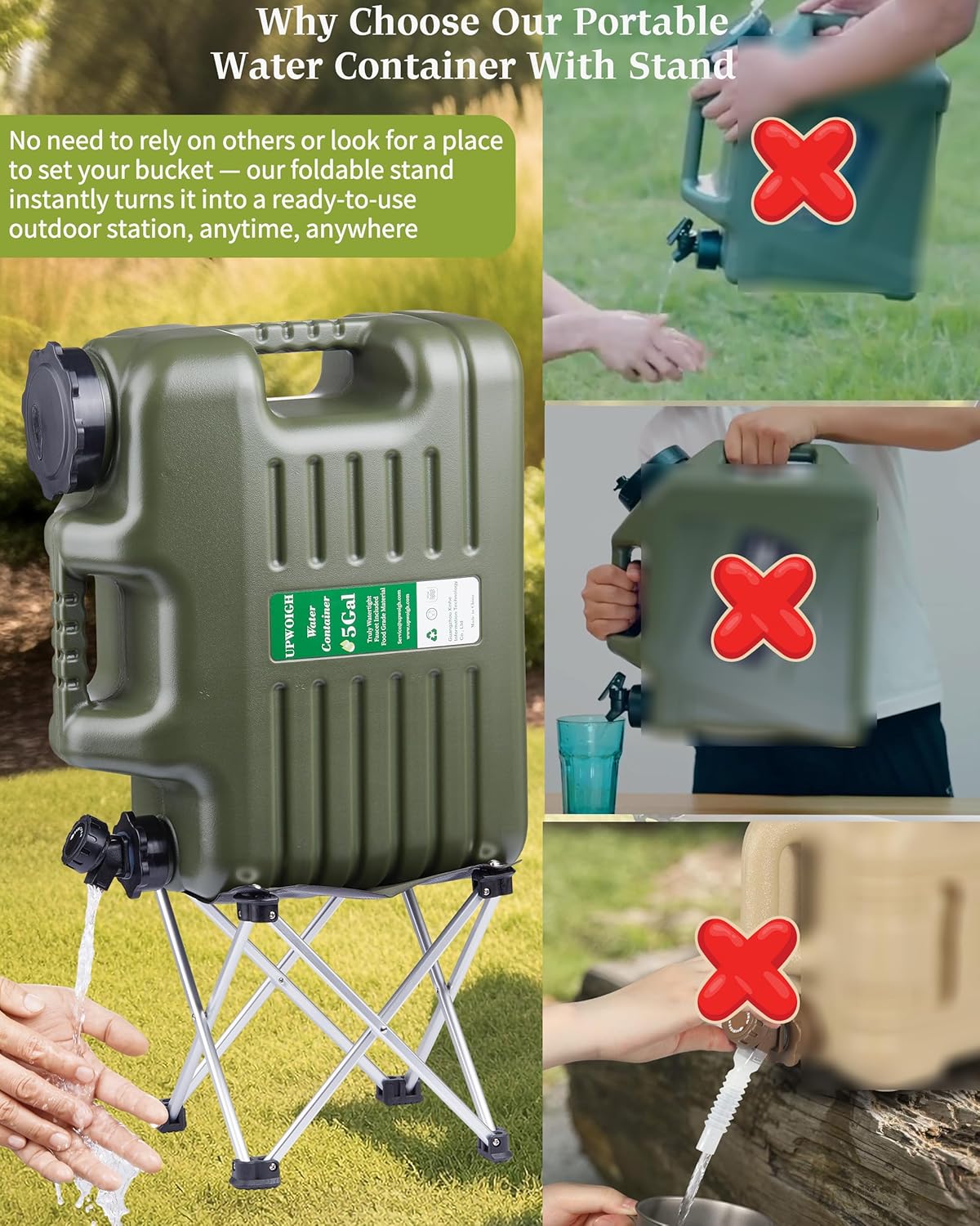 UPWOIGH 5 Gallon Water Jug with Spigot and Folding Stool – Leak-Proof, BPA-Free Portable Green Water Container with Stand, Large Outdoor Storage Tank for Camping, Hiking, RV, Travel, and Emergency Use